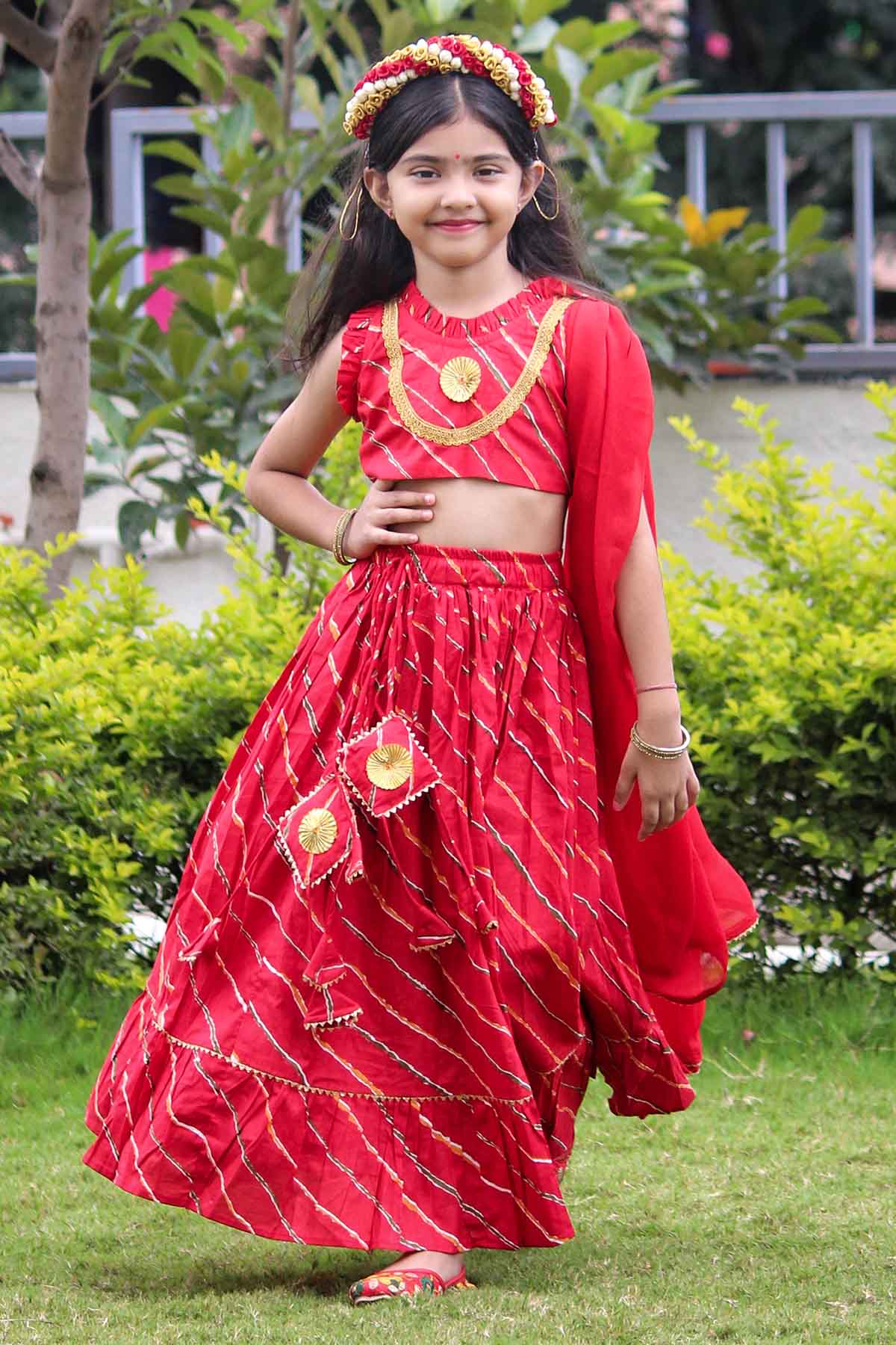 Red Cotton Printed Lehenga Set