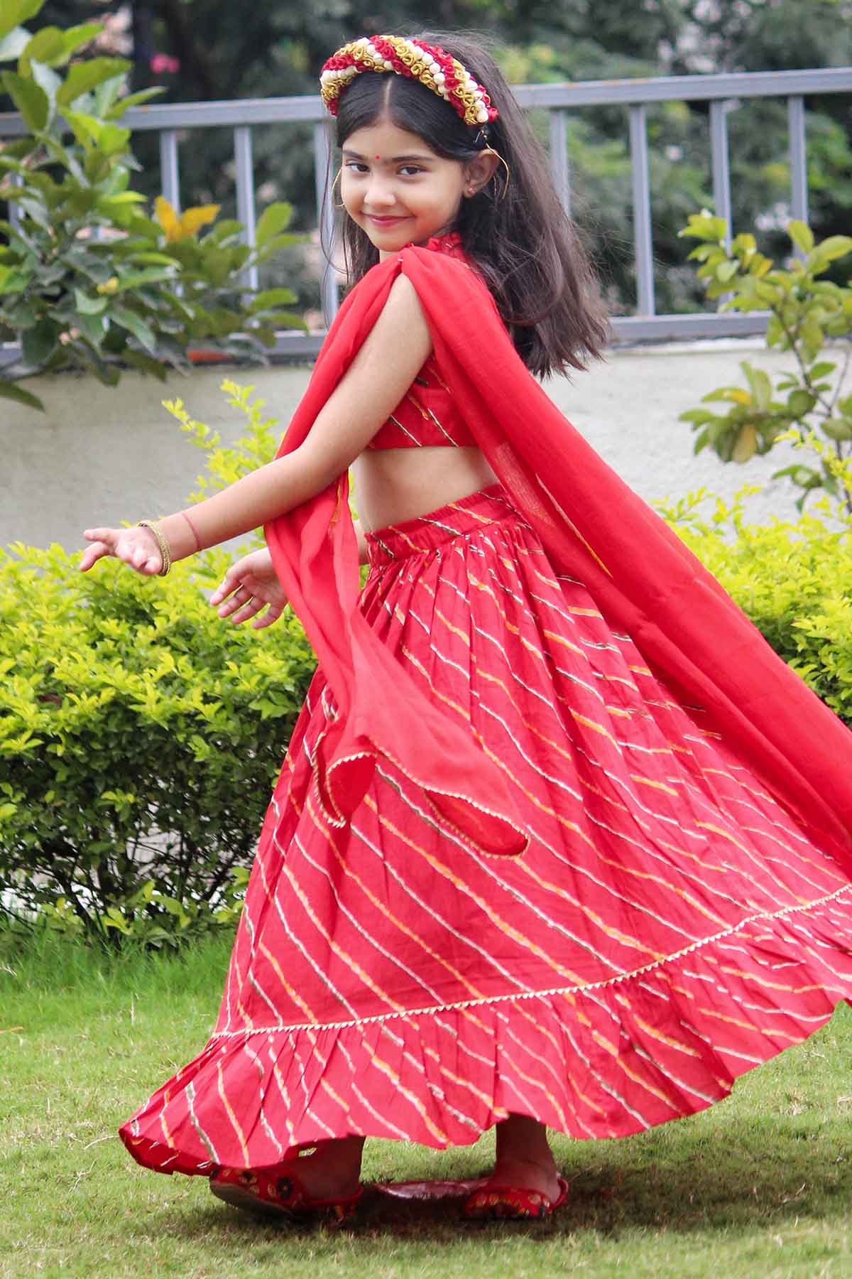 Red Cotton Printed Lehenga Set
