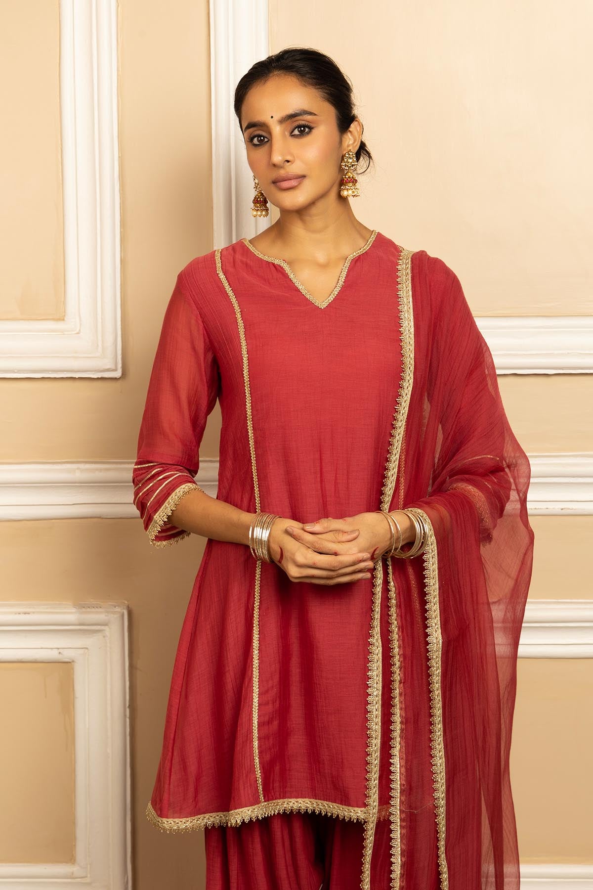 Red Cotton Silk A-Line Kurta Set