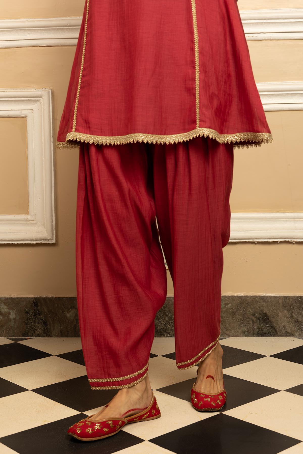 Red Cotton Silk A-Line Kurta Set