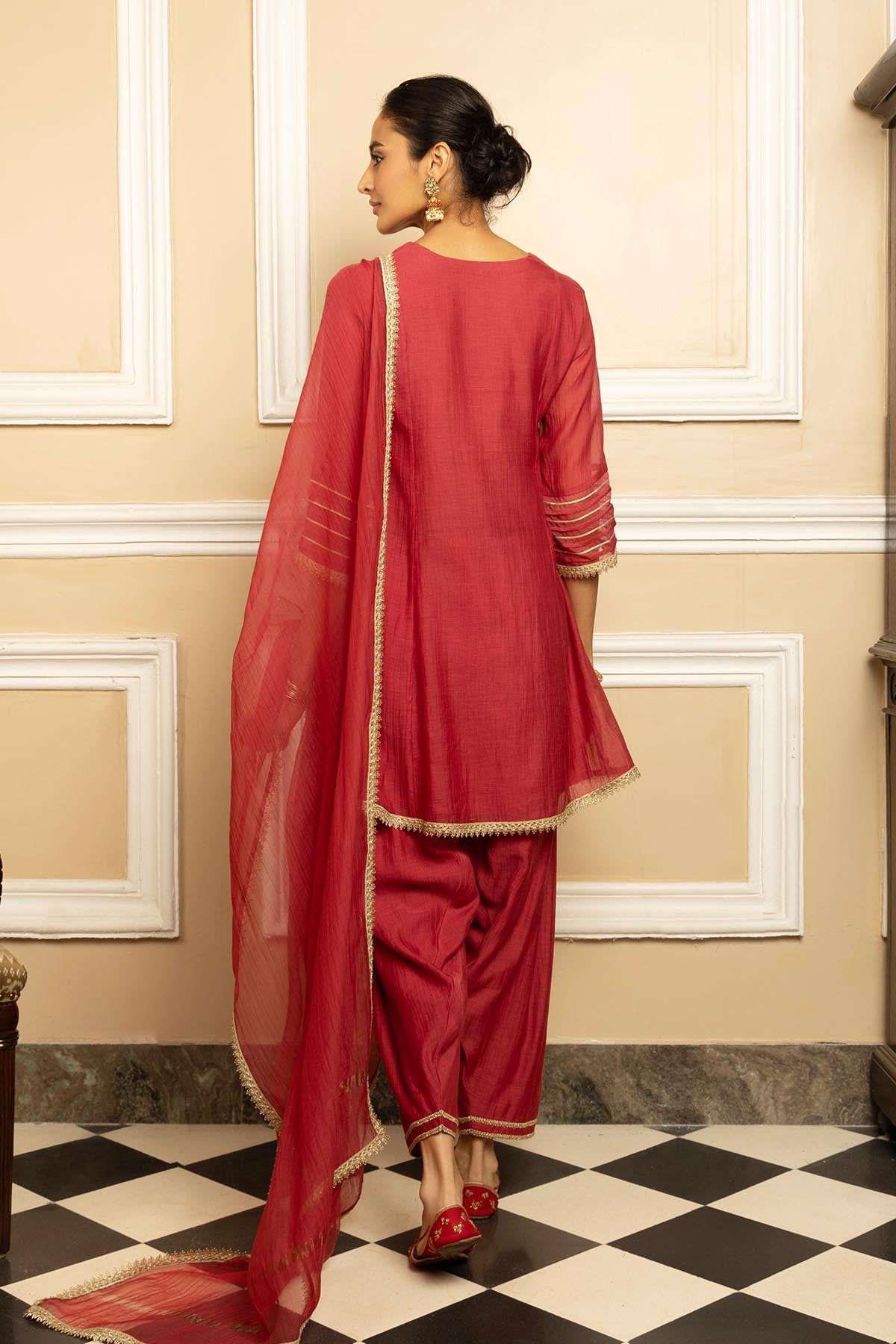 Red Cotton Silk A-Line Kurta Set
