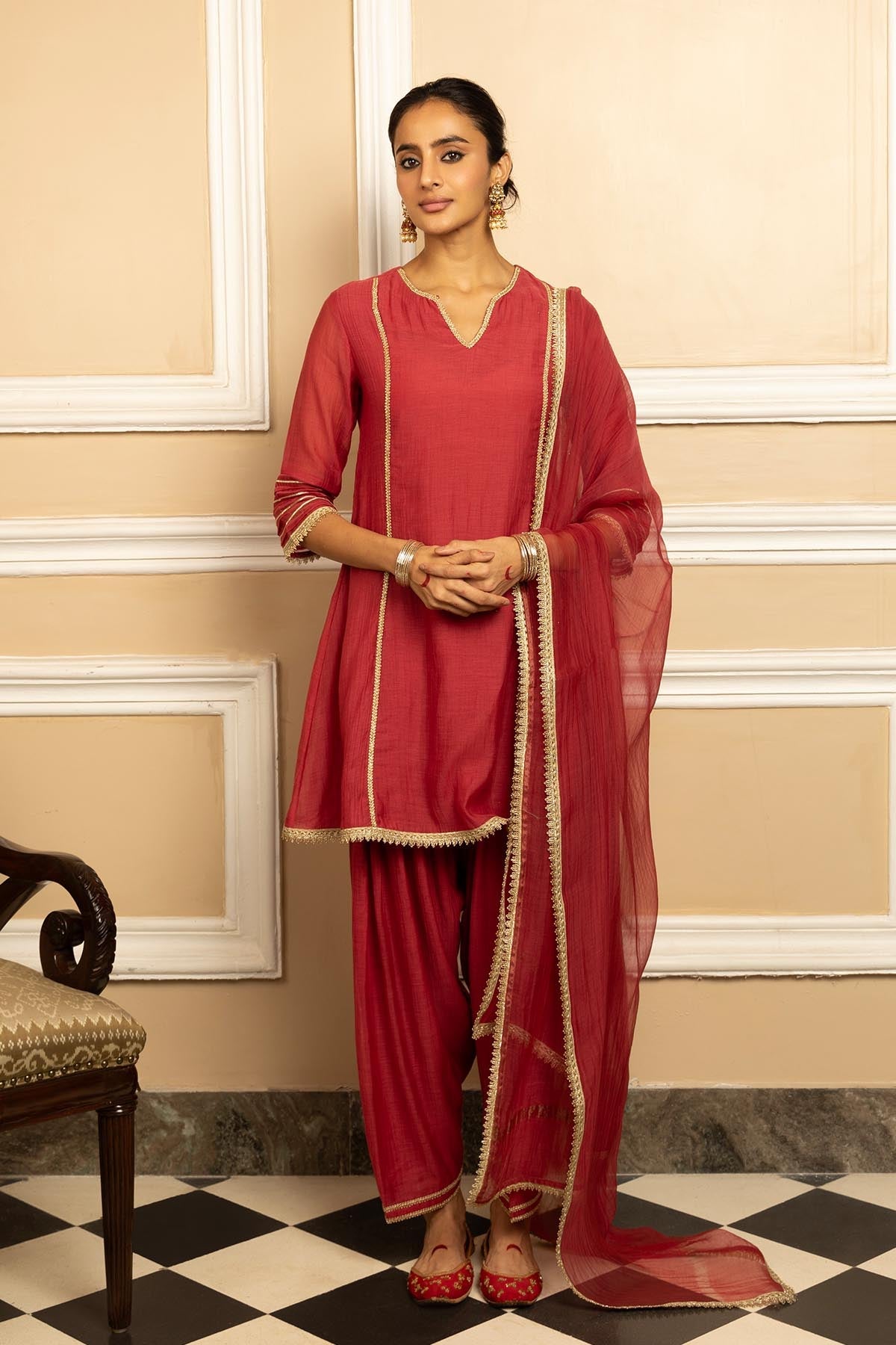 Buy Red Cotton Silk A-Line Kurta Set by Dohr India for women online at ScrollnShops