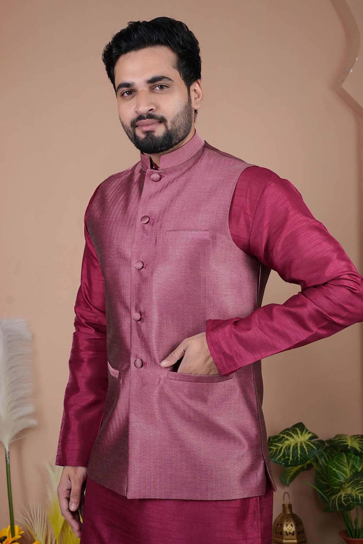 Red Cotton Silk Jacquard Bundi
