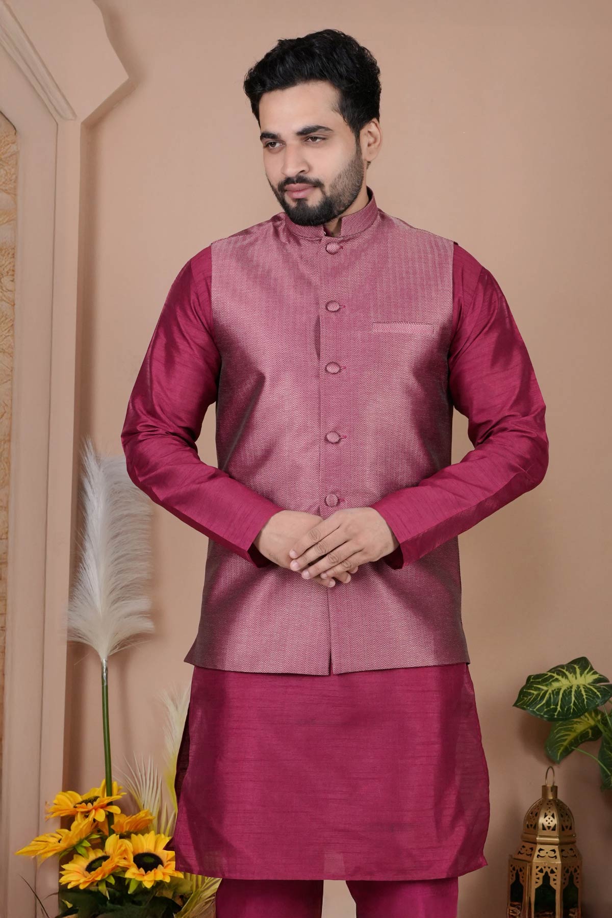 Buy Red Cotton Silk Jacquard Bundi for men by Aastha Fashion online available at scrollnshops