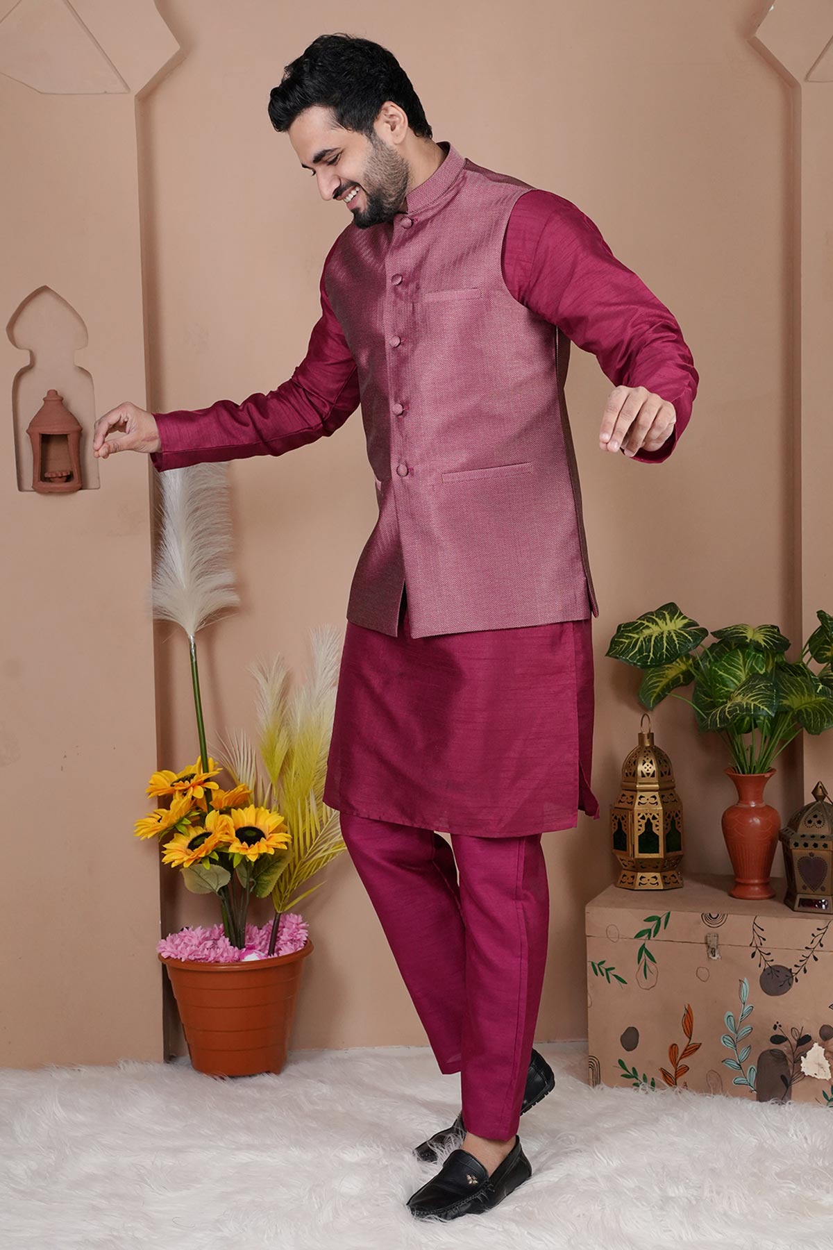 Red Cotton Silk Jacquard Bundi