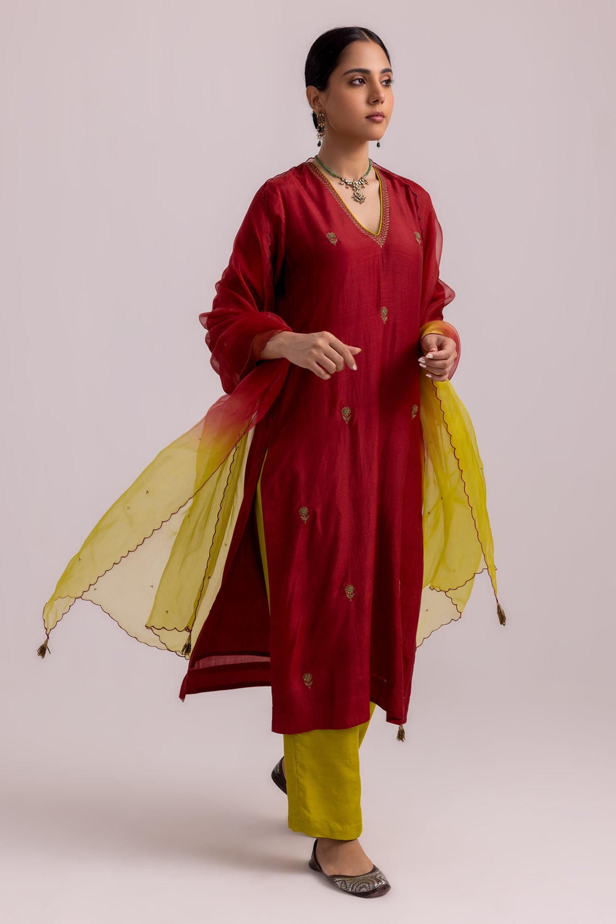 Red Cotton Silk Kurta & Pants