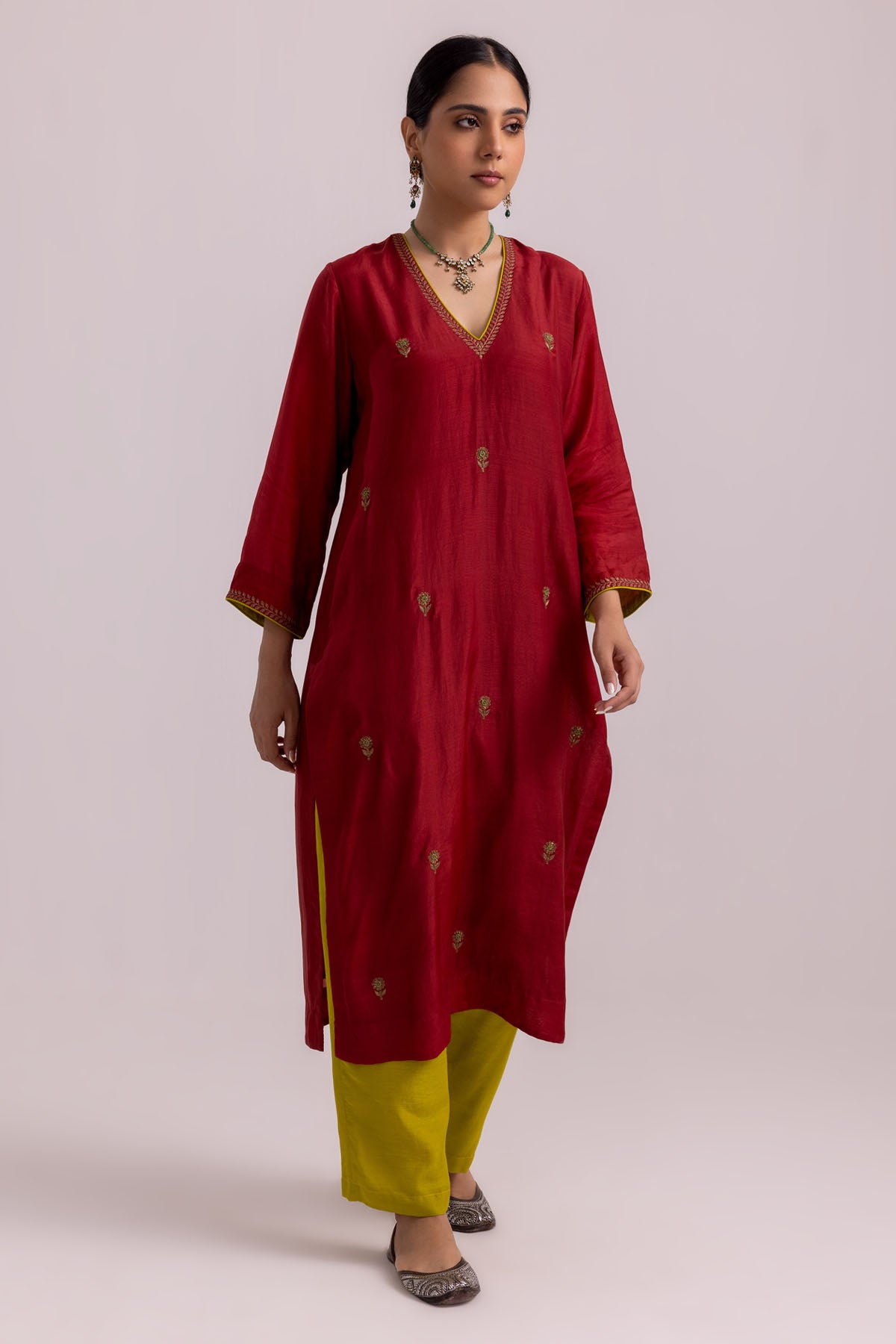 Red Cotton Silk Kurta & Pants