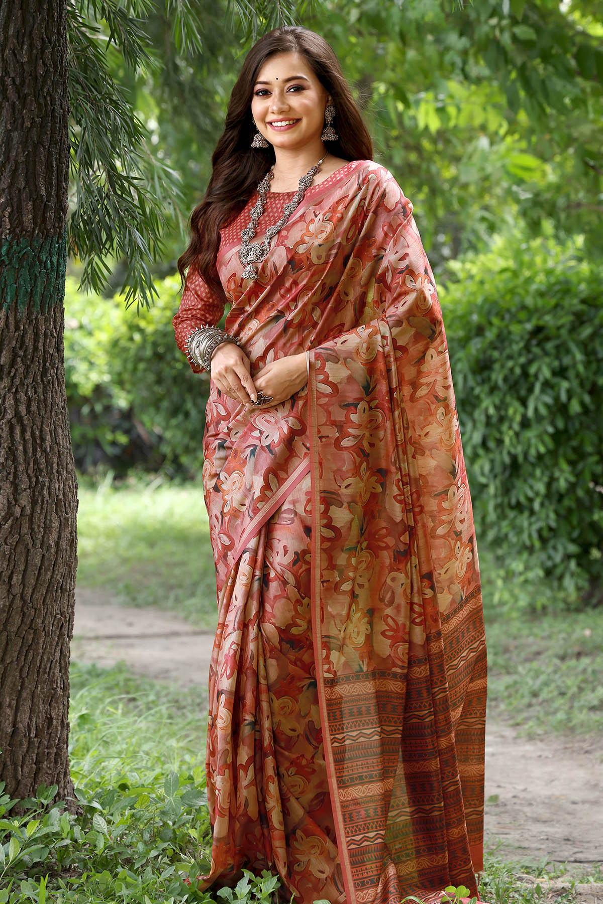 Buy Red Cotton Silk Printed Saree by Lili Lala for women online at ScrollnShops
