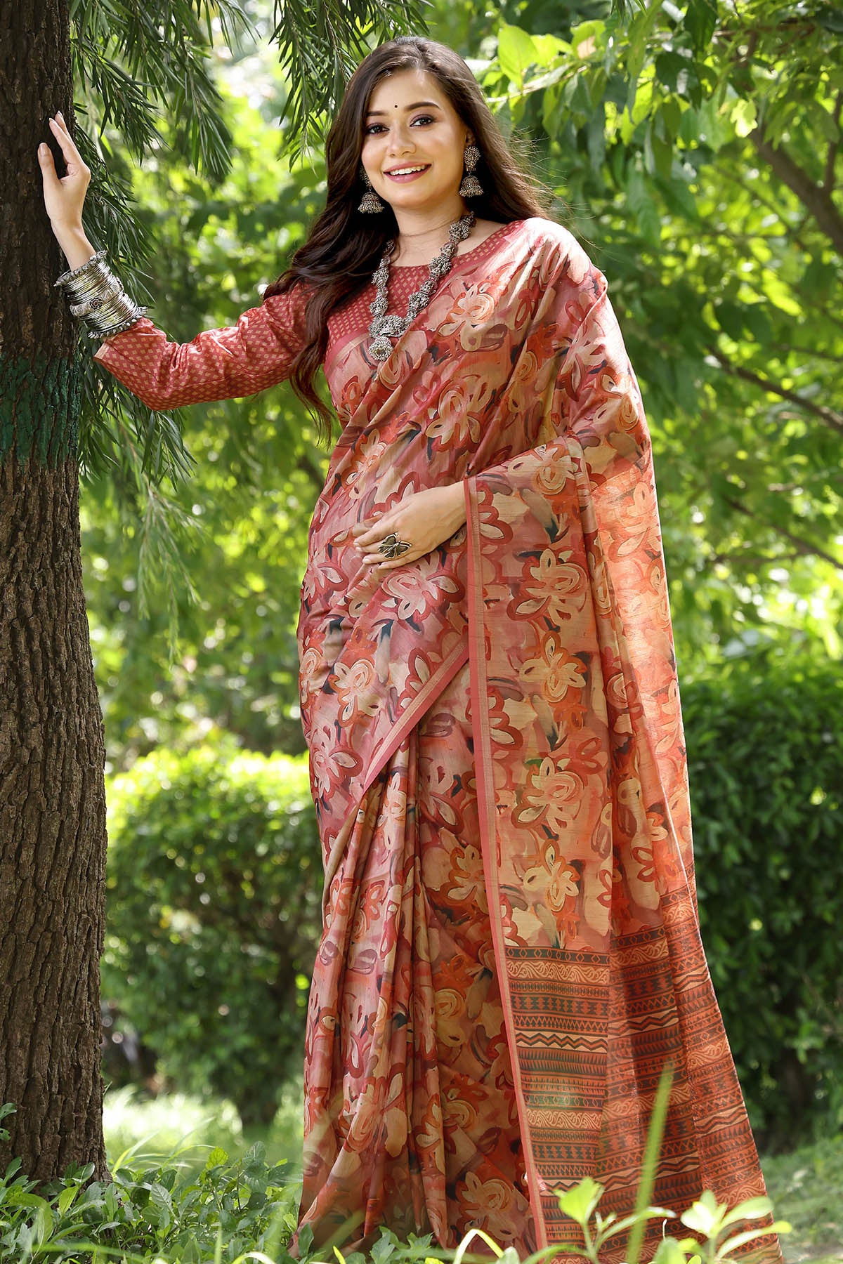 Red Cotton Silk Printed Saree