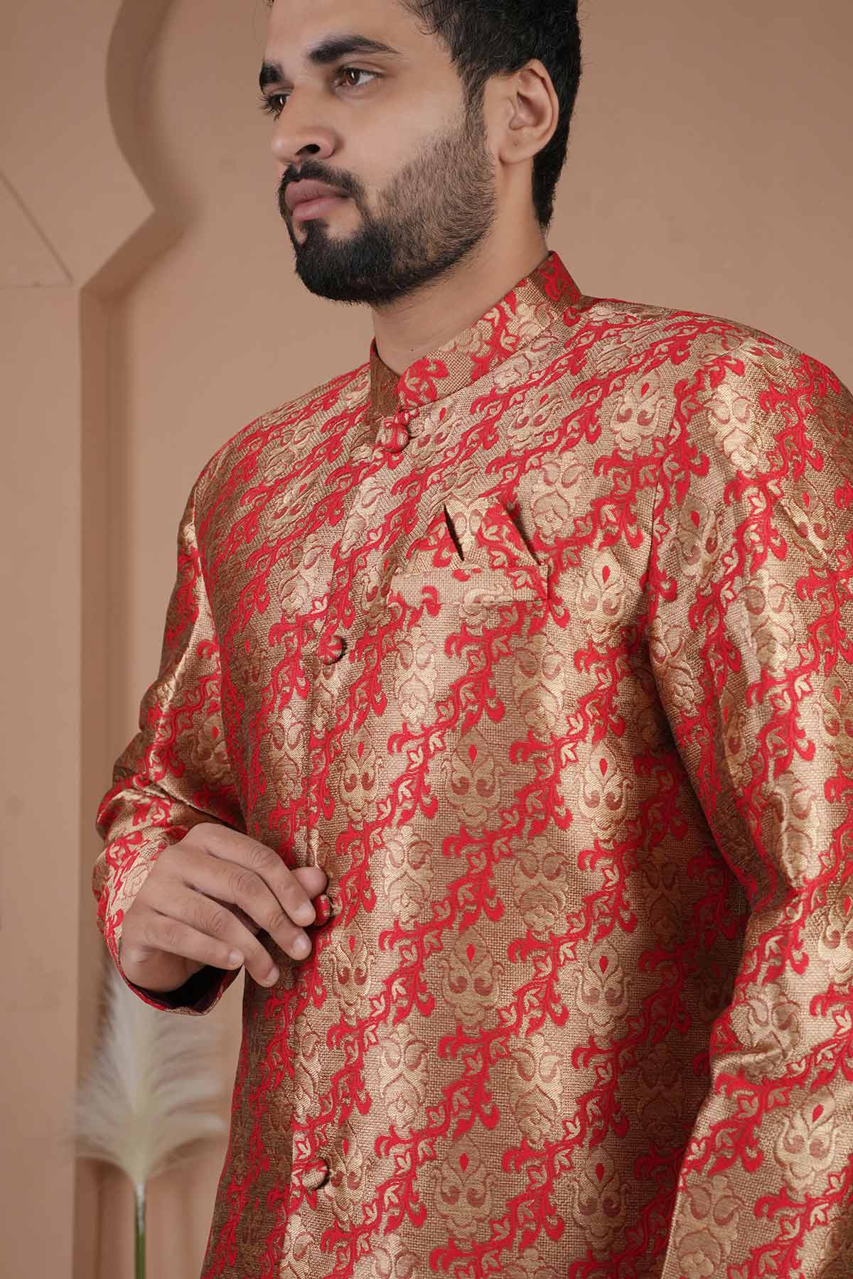 Red Cotton Silk Sherwani Set