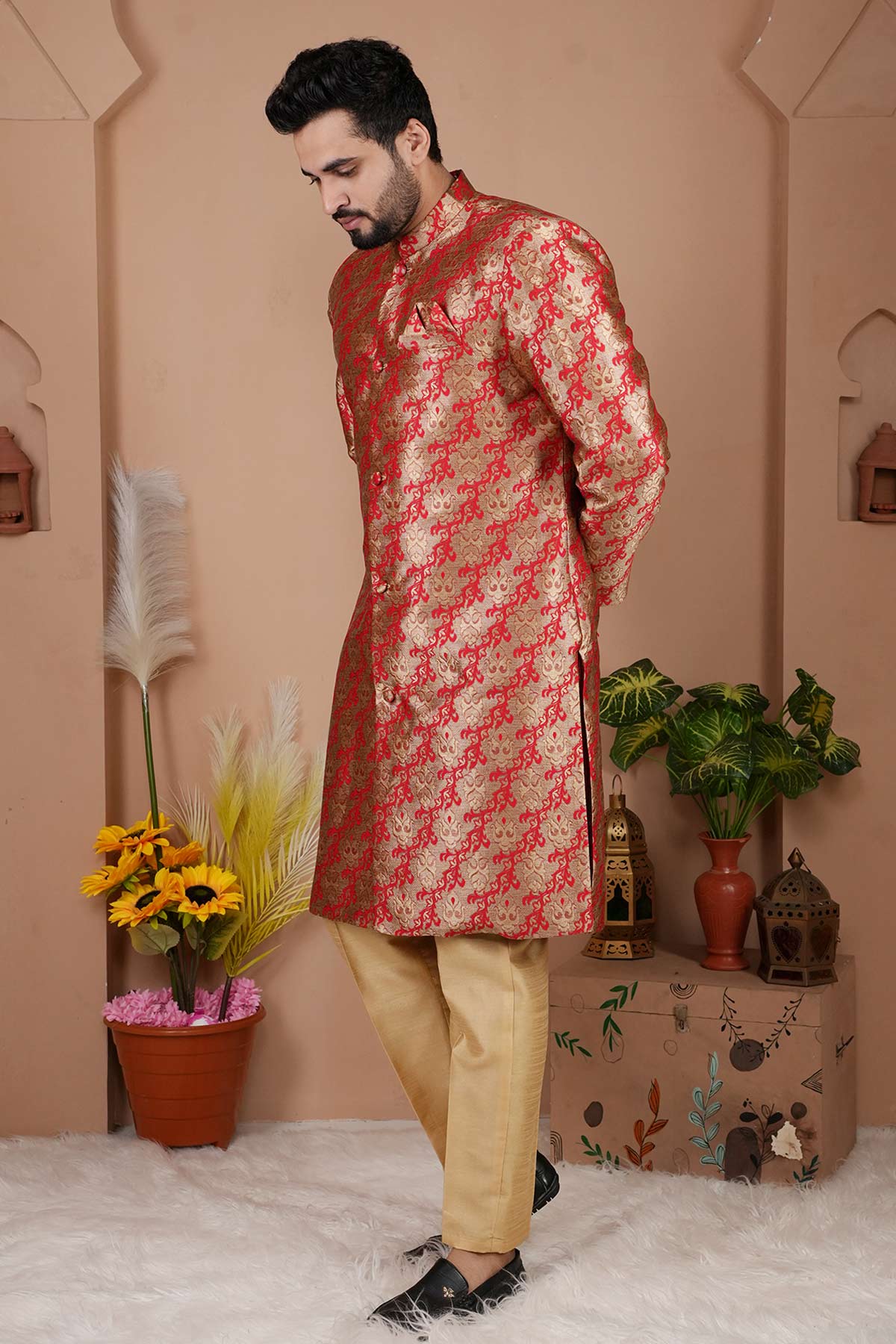Red Cotton Silk Sherwani Set