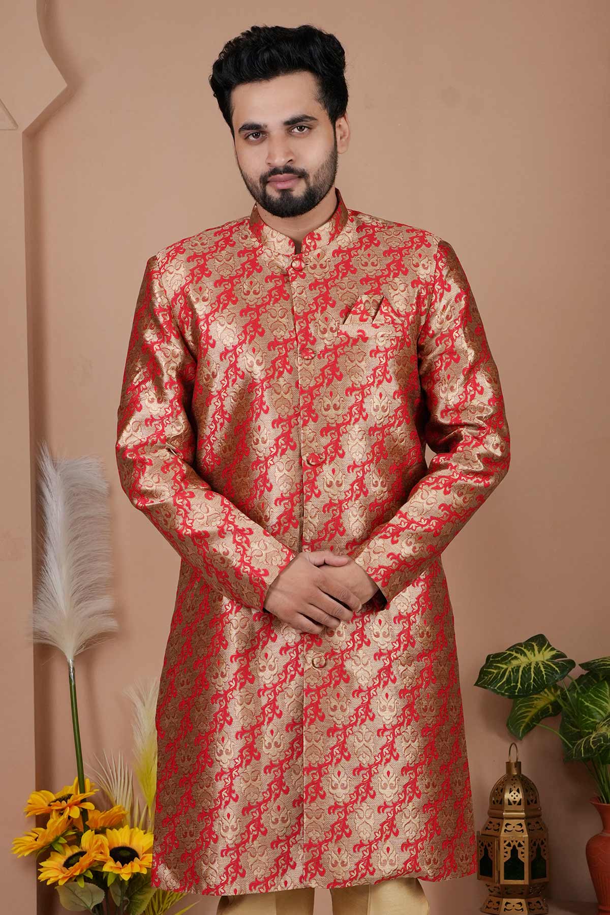 Buy Red Cotton Silk Sherwani Set for men by Aastha Fashion online available at scrollnshops