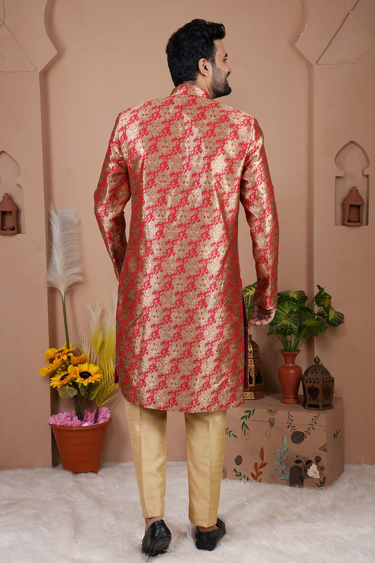 Red Cotton Silk Sherwani Set
