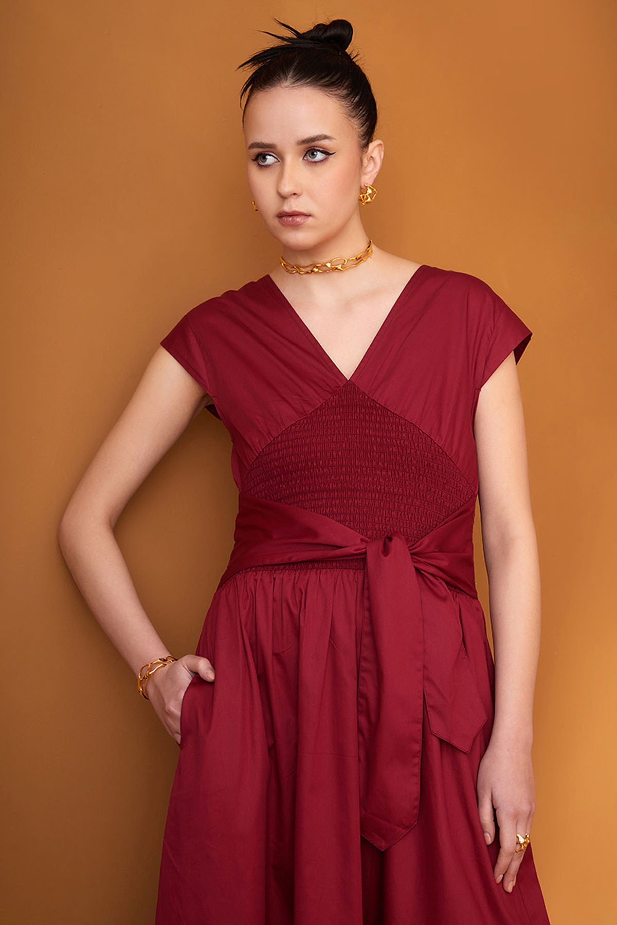 Red Cotton Smocked Midi Dress