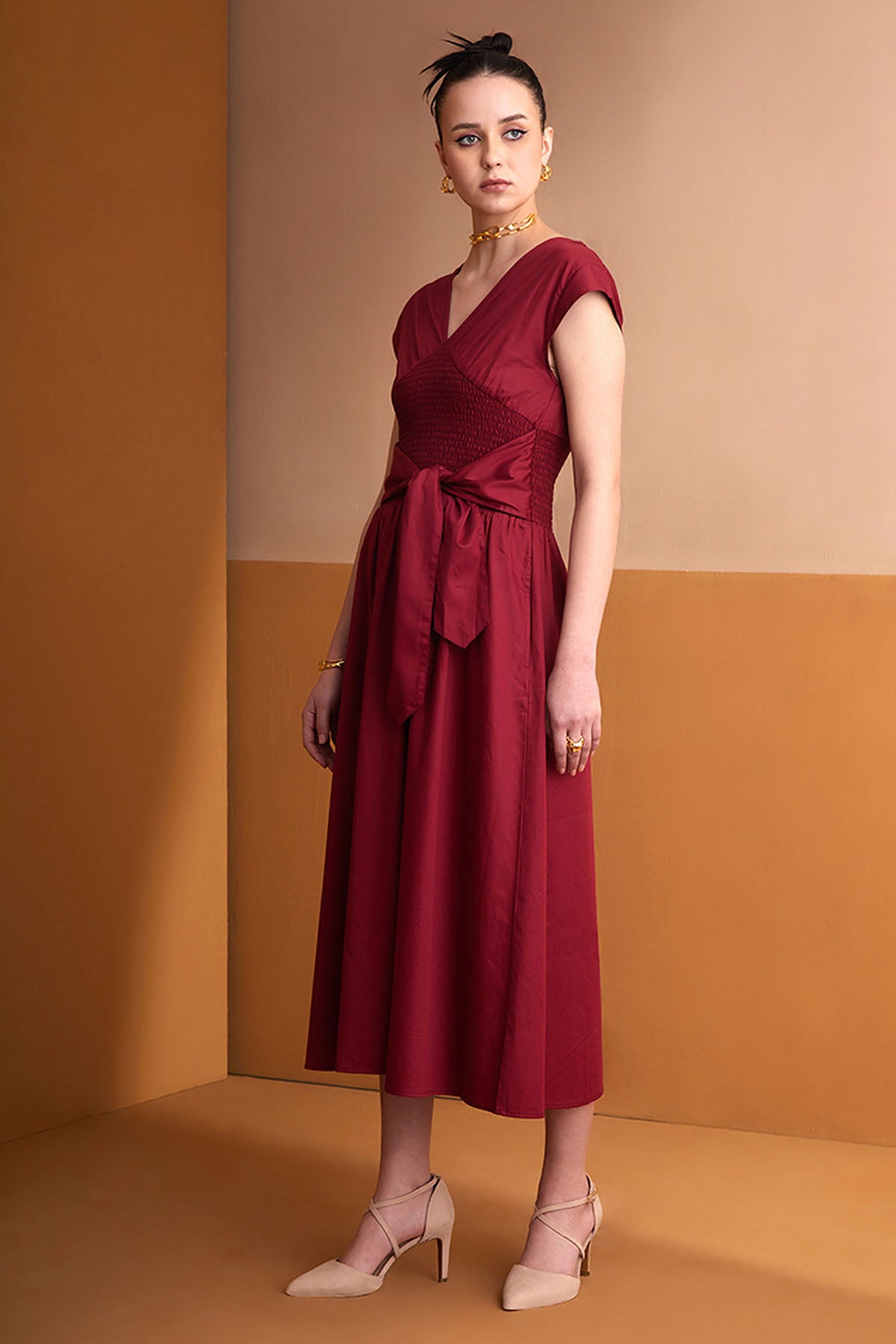 Red Cotton Smocked Midi Dress