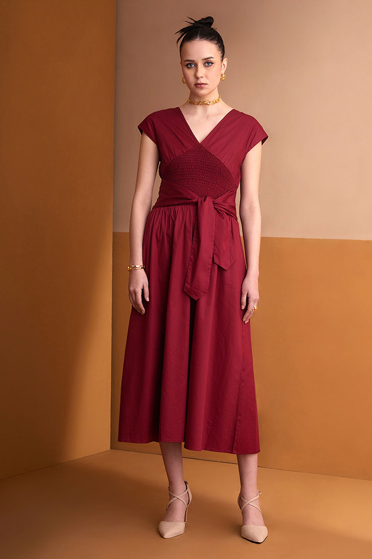 Red Cotton Smocked Midi Dress