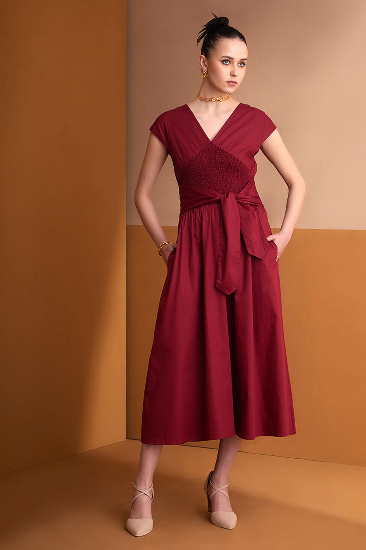 Red Cotton Smocked Midi Dress