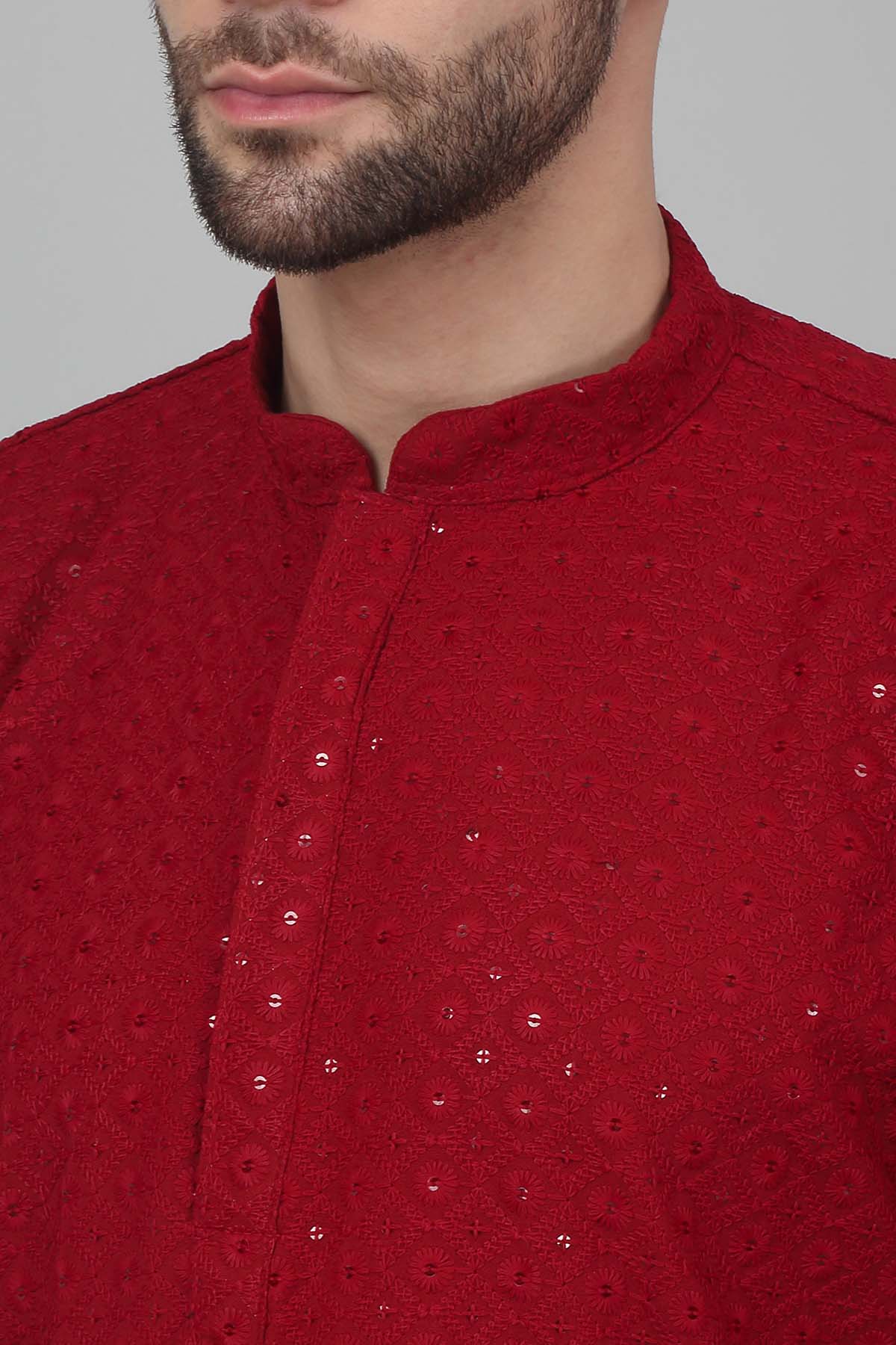 Red Cotton Thread Kurta Set