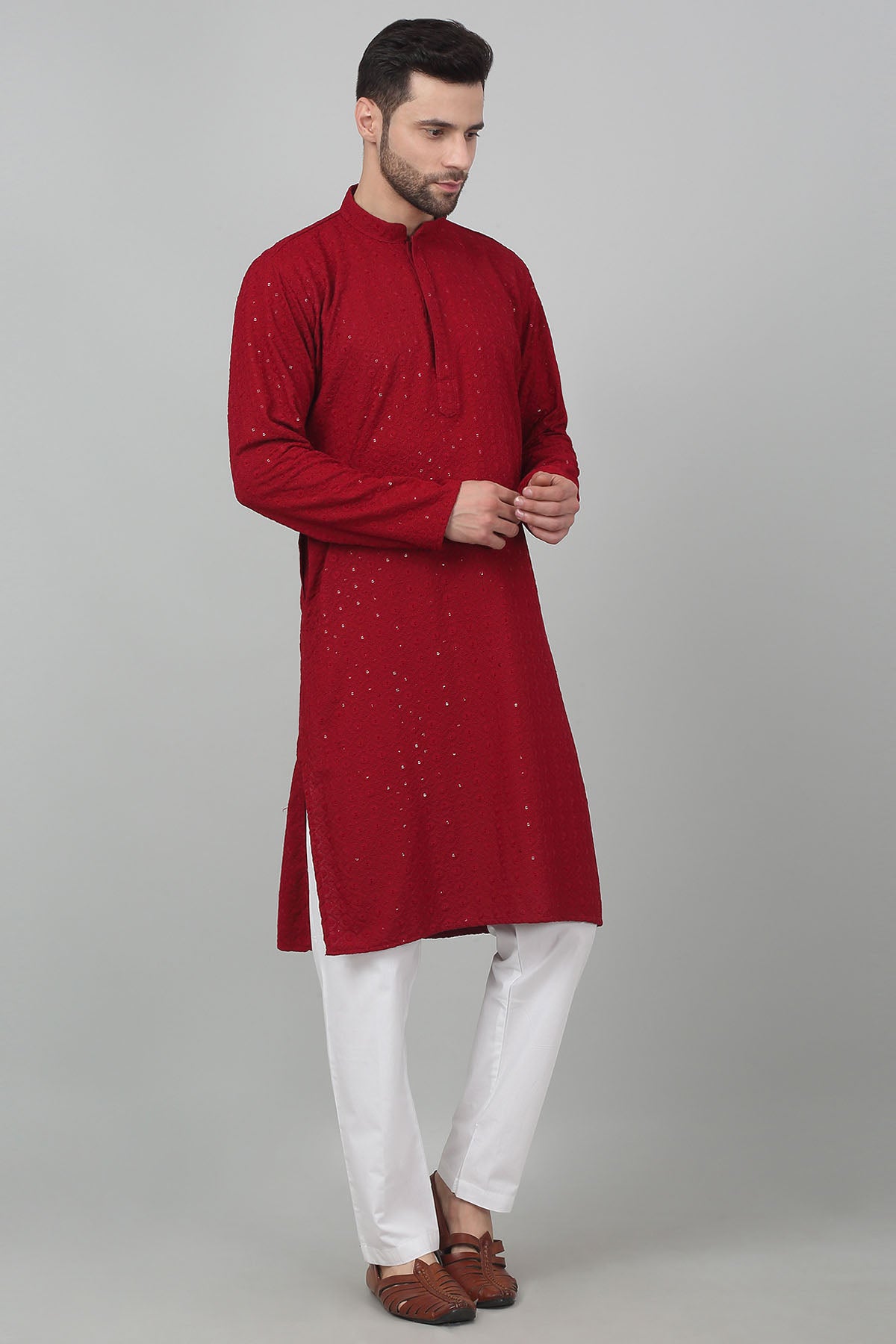 Red Cotton Thread Kurta Set