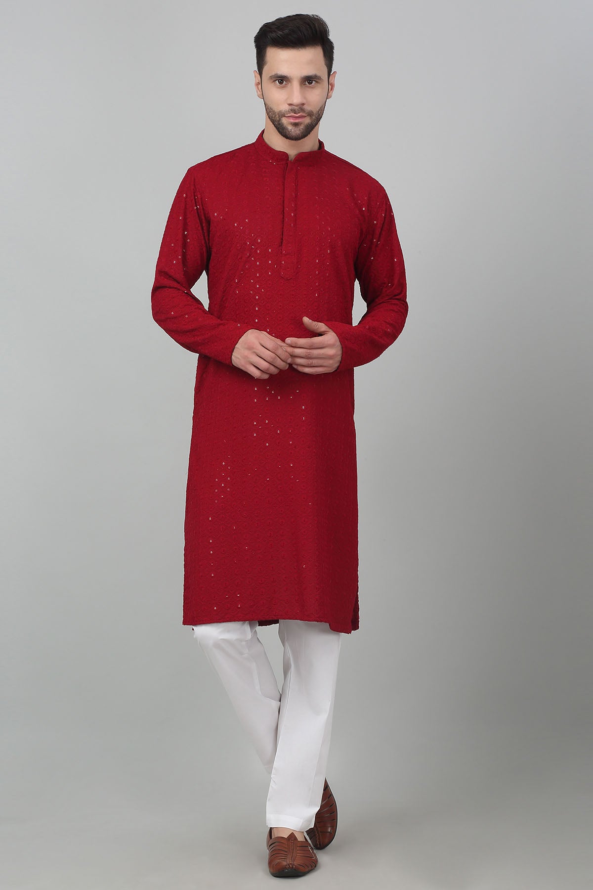 Red Cotton Thread Kurta Set