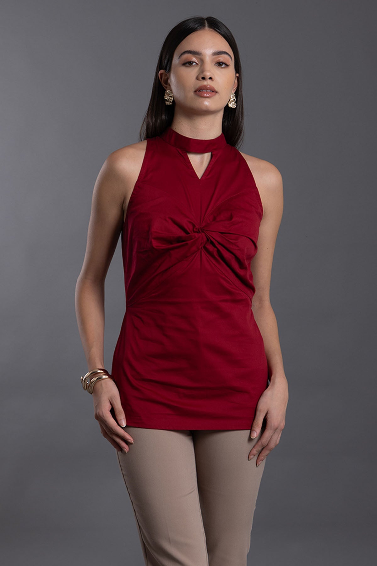 Vanten Red Cotton Twill Sleeveless Top for women online at ScrollnShops