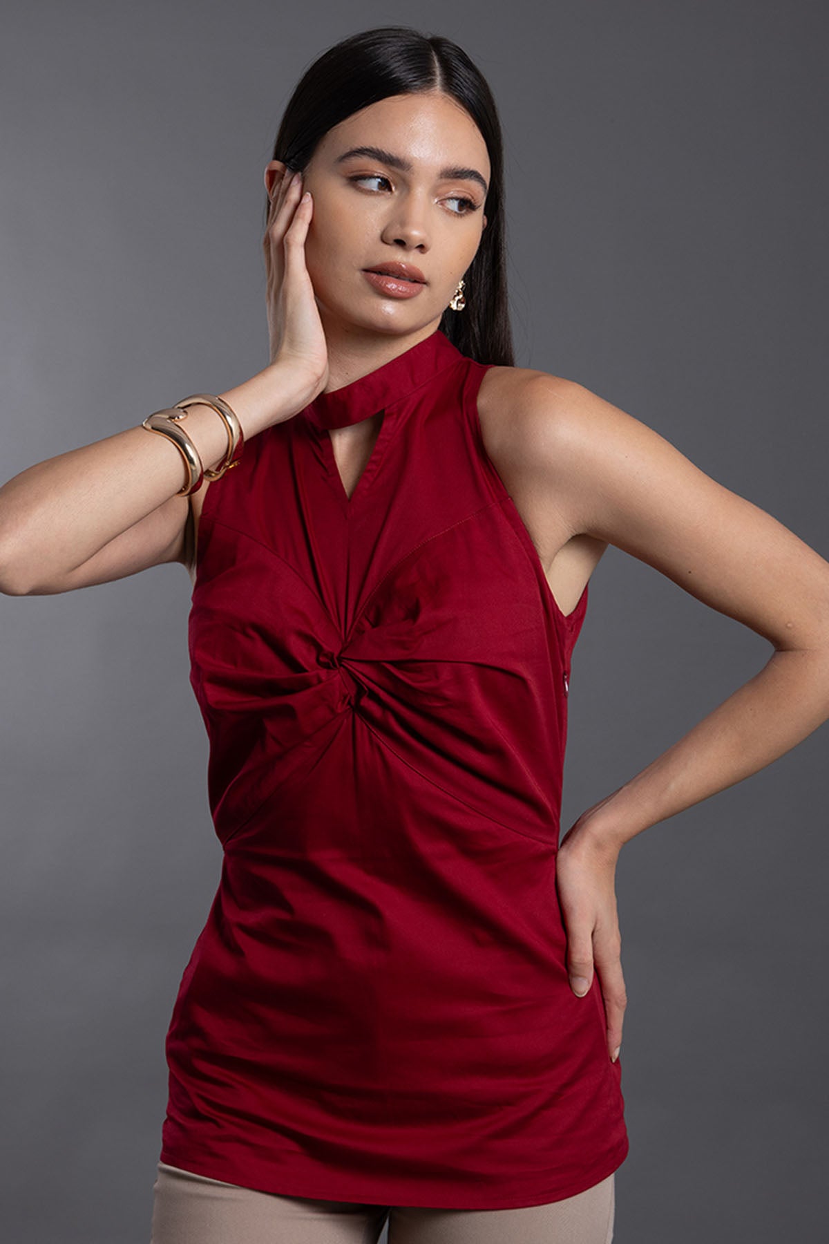 Red Cotton Twill Sleeveless Top