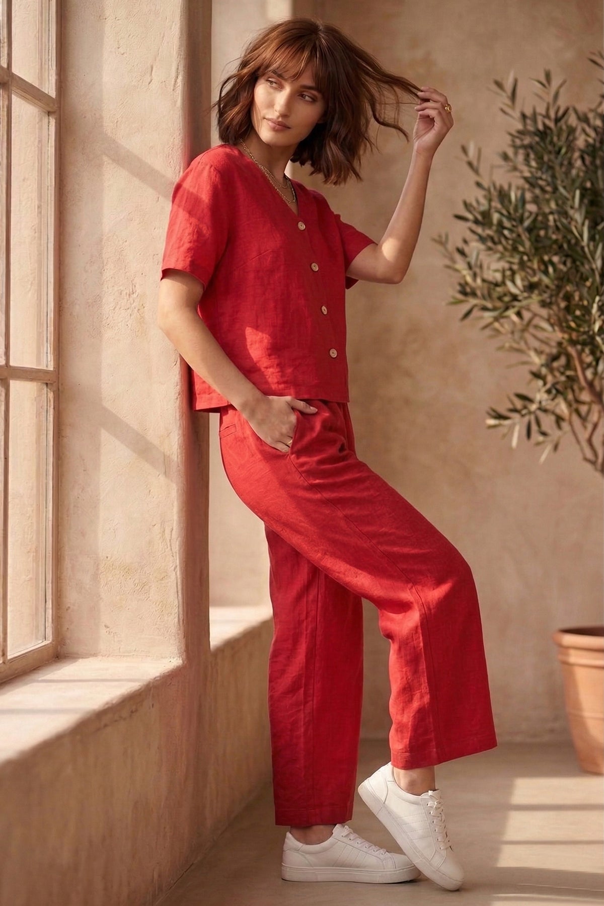 Red Cotton Wooden Button Top