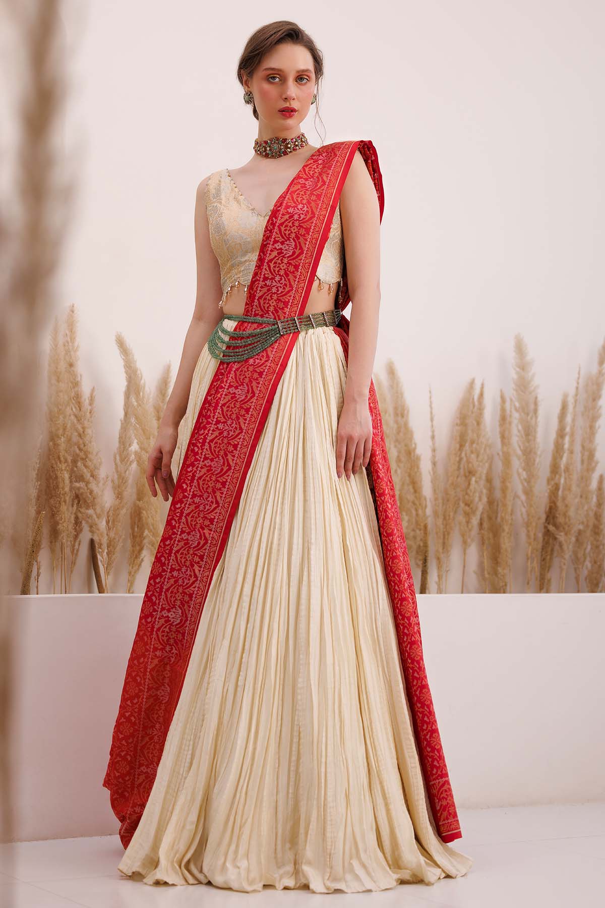 Red & Cream Crinkled Lehenga Set