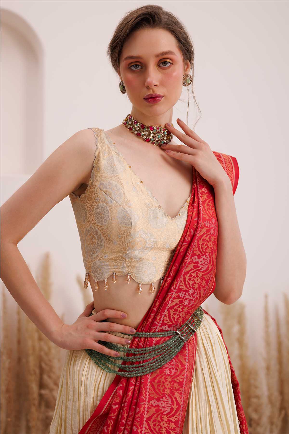 Red & Cream Crinkled Lehenga Set
