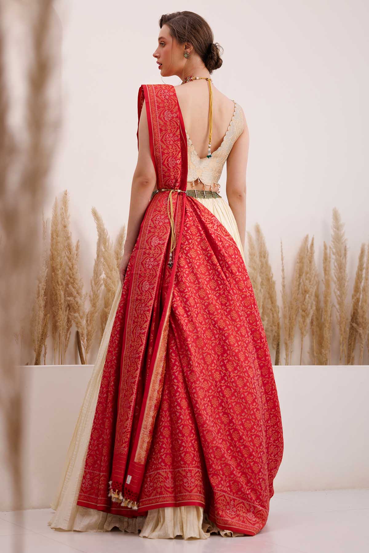 Red & Cream Crinkled Lehenga Set