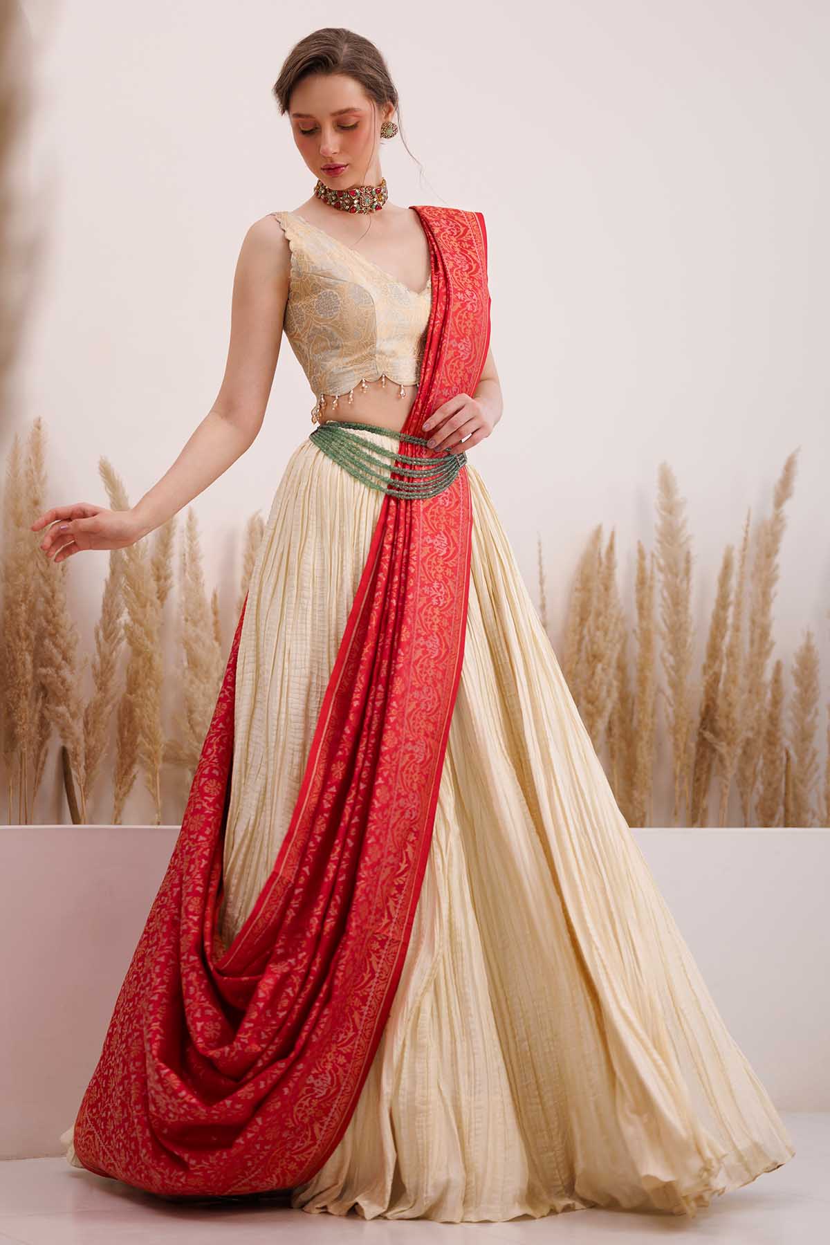 Chhaya Mehrotra Red & Cream Crinkled Lehenga Set for women online at ScrollnShops