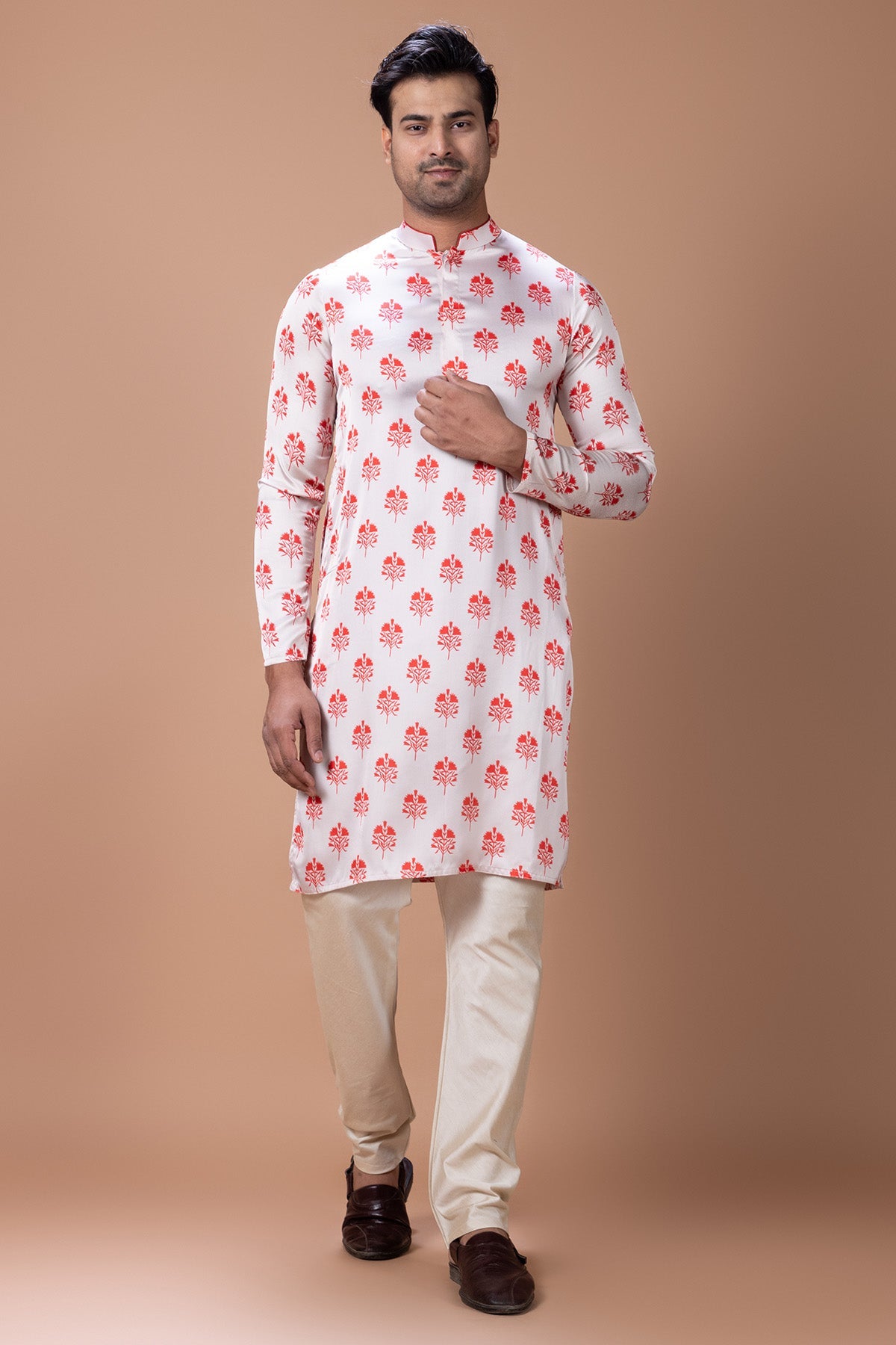 Buy Red & Cream Flower Kurta Set for men by Priyanka Haralalka online available at scrollnshops
