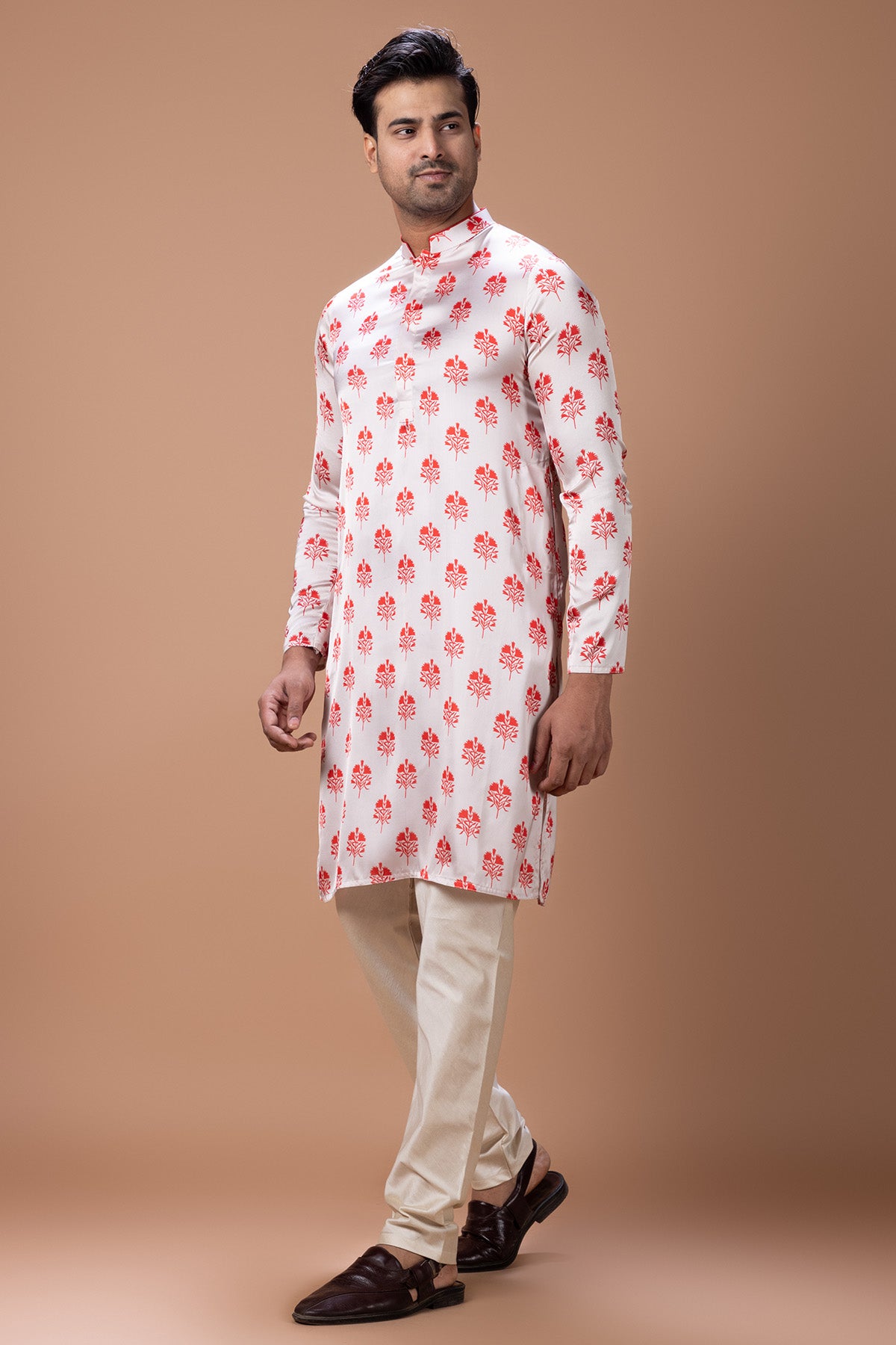 Red & Cream Flower Kurta Set