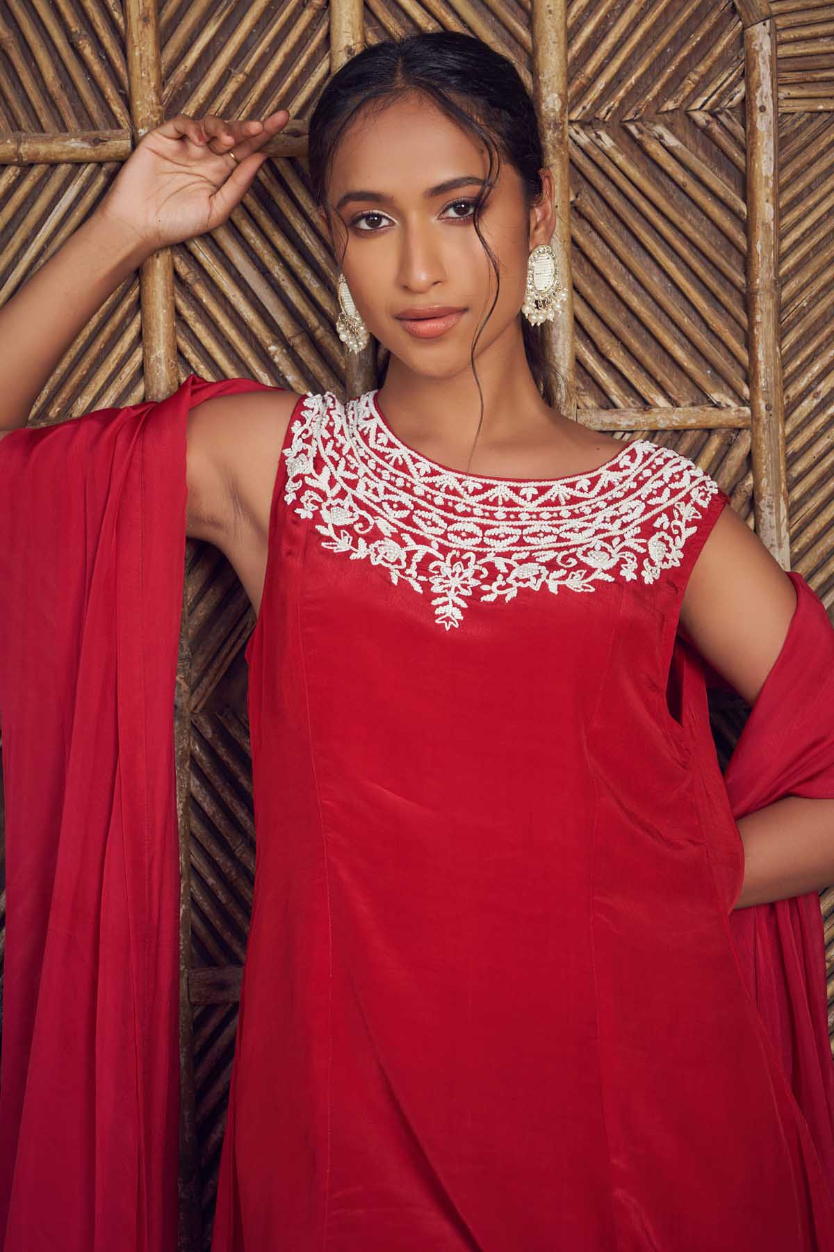 Red Crepe Embroidered Kurta Set