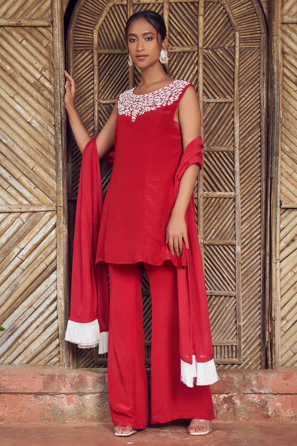 Red Crepe Embroidered Kurta Set