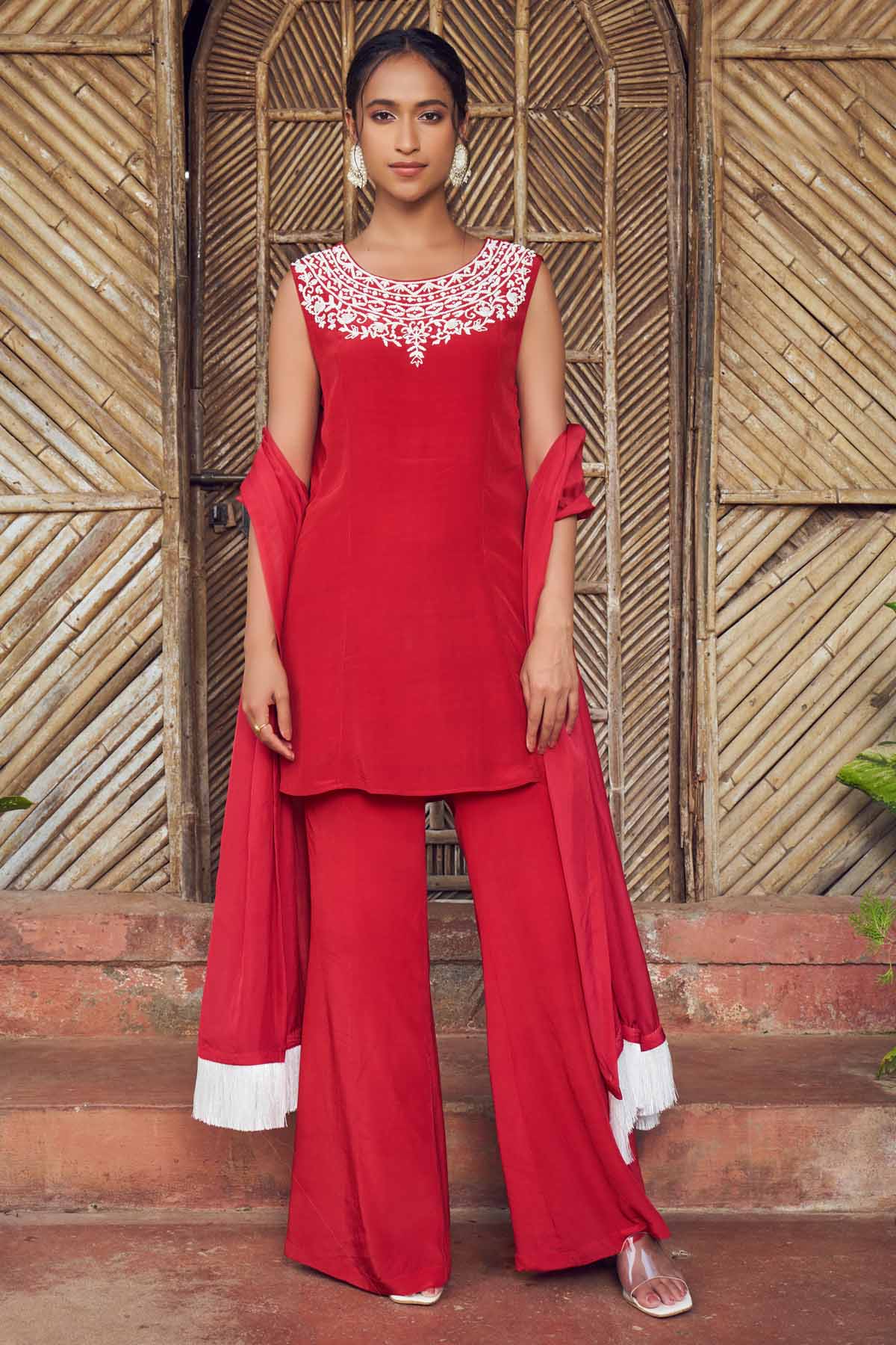 Red Crepe Embroidered Kurta Set