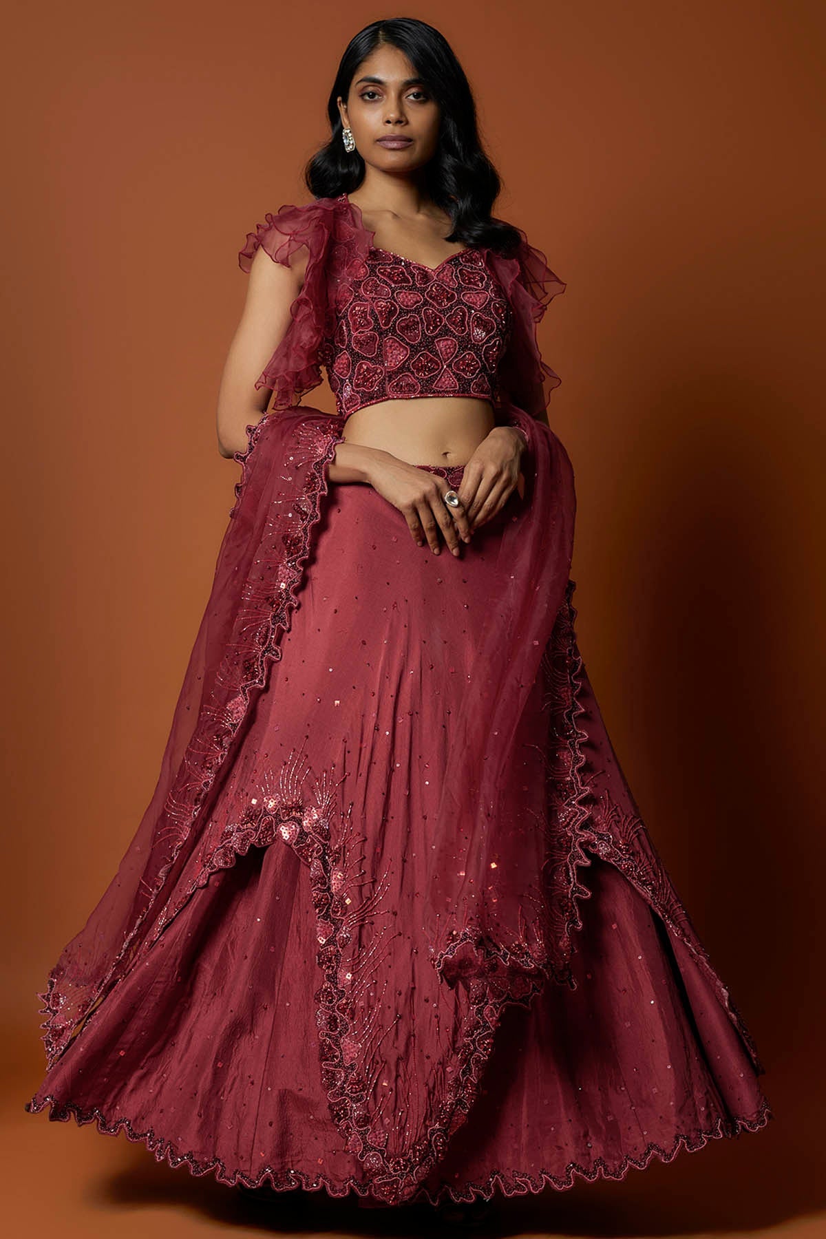 Mehak Murpana Red Crepe Layered Lehenga Set for Women Online at ScrollnShops