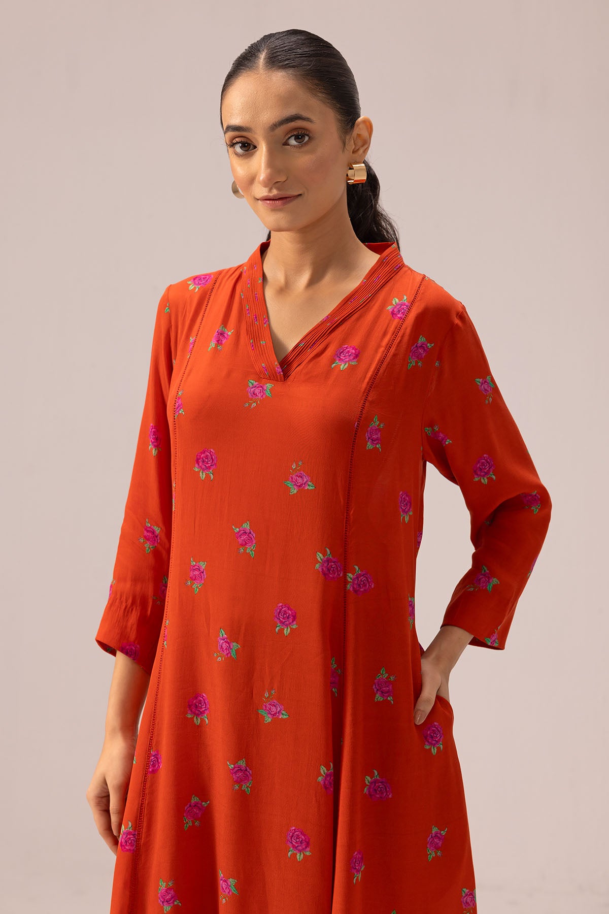 Red Crepe Pintuck Kurta & Pants