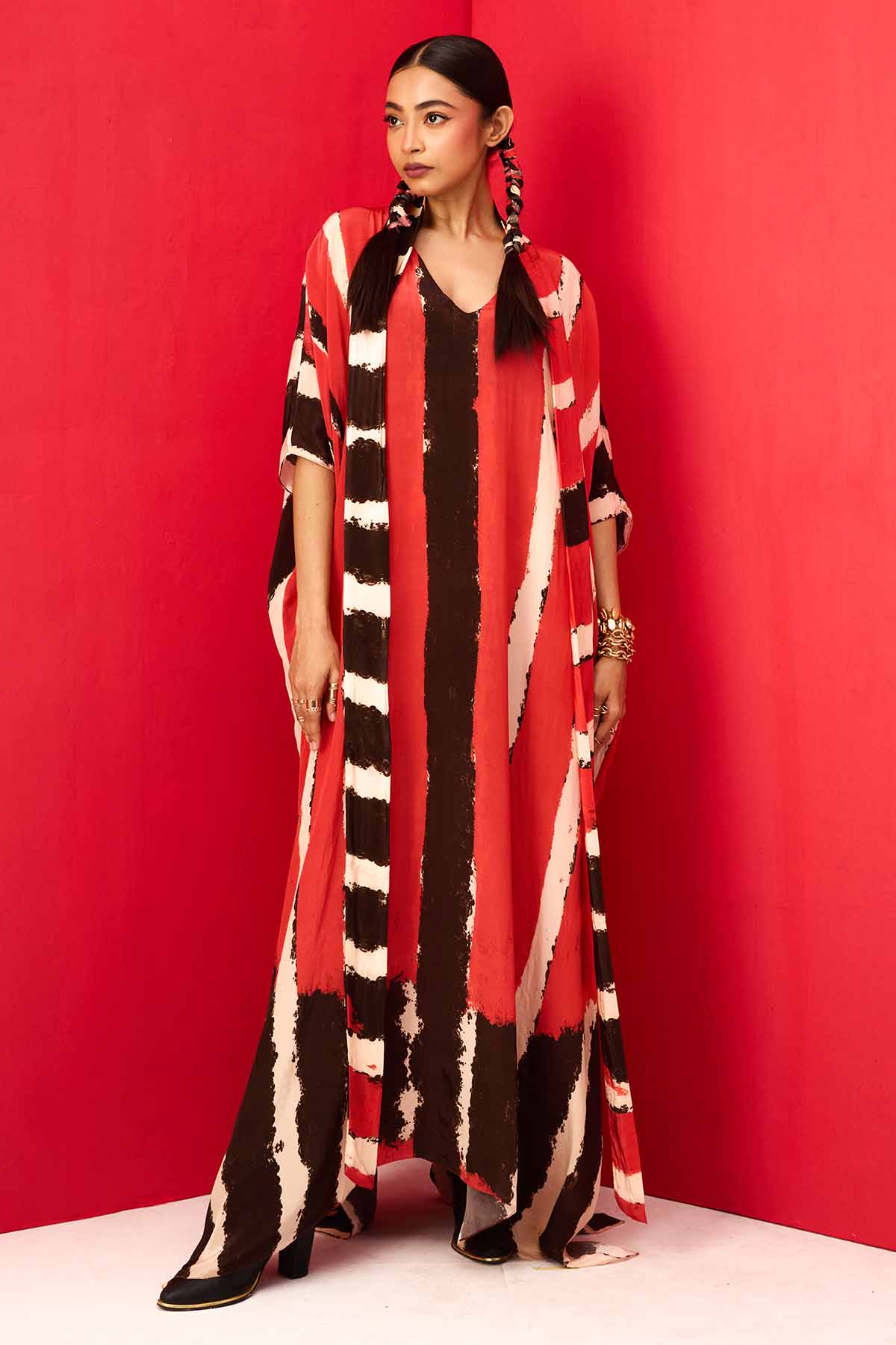 Buy Red Crepe Printed V-Neck Kaftan by Shristi Chetani for women online at ScrollnShops