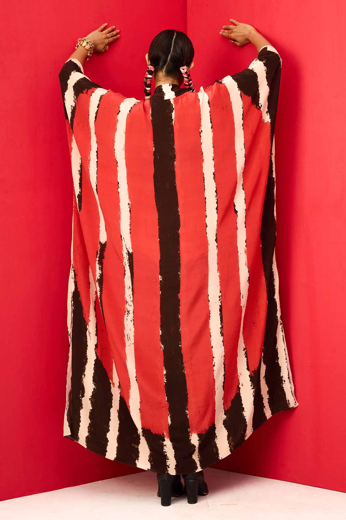 Red Crepe Printed V-Neck Kaftan