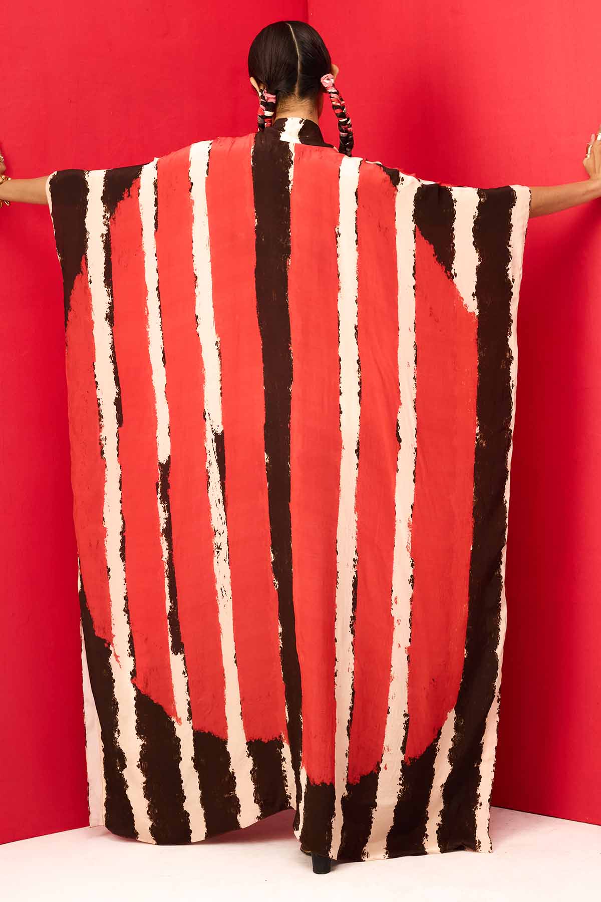 Red Crepe Printed V-Neck Kaftan