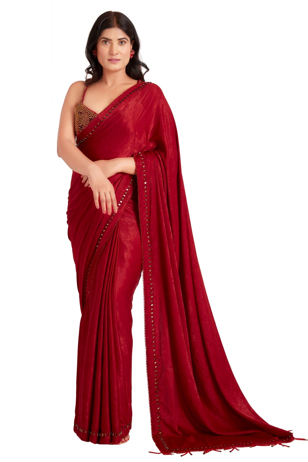 Vastra by Mala Munde Red Crystal Embroidered Saree for women online at ScrollnShops