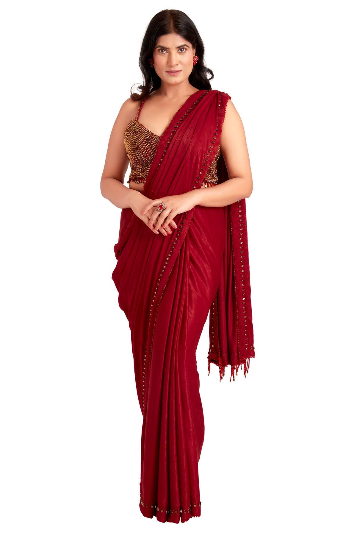 Red Crystal Embroidered Saree