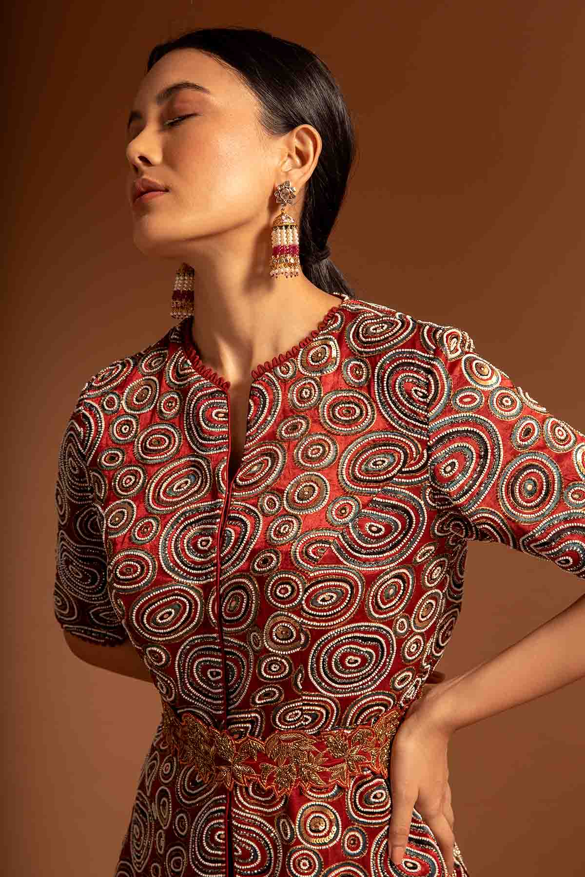 Red Cutdana Embroidered Jumpsuit