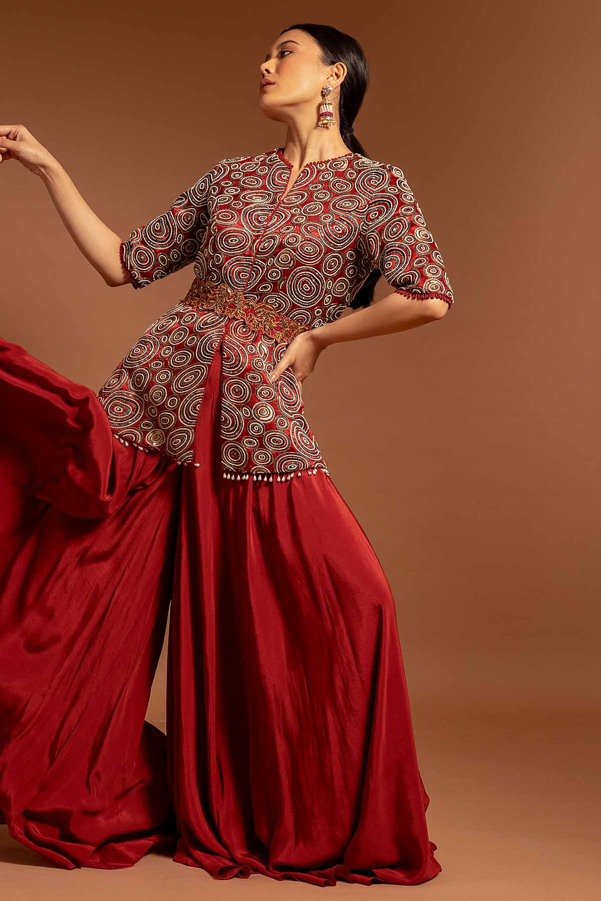 Red Cutdana Embroidered Jumpsuit