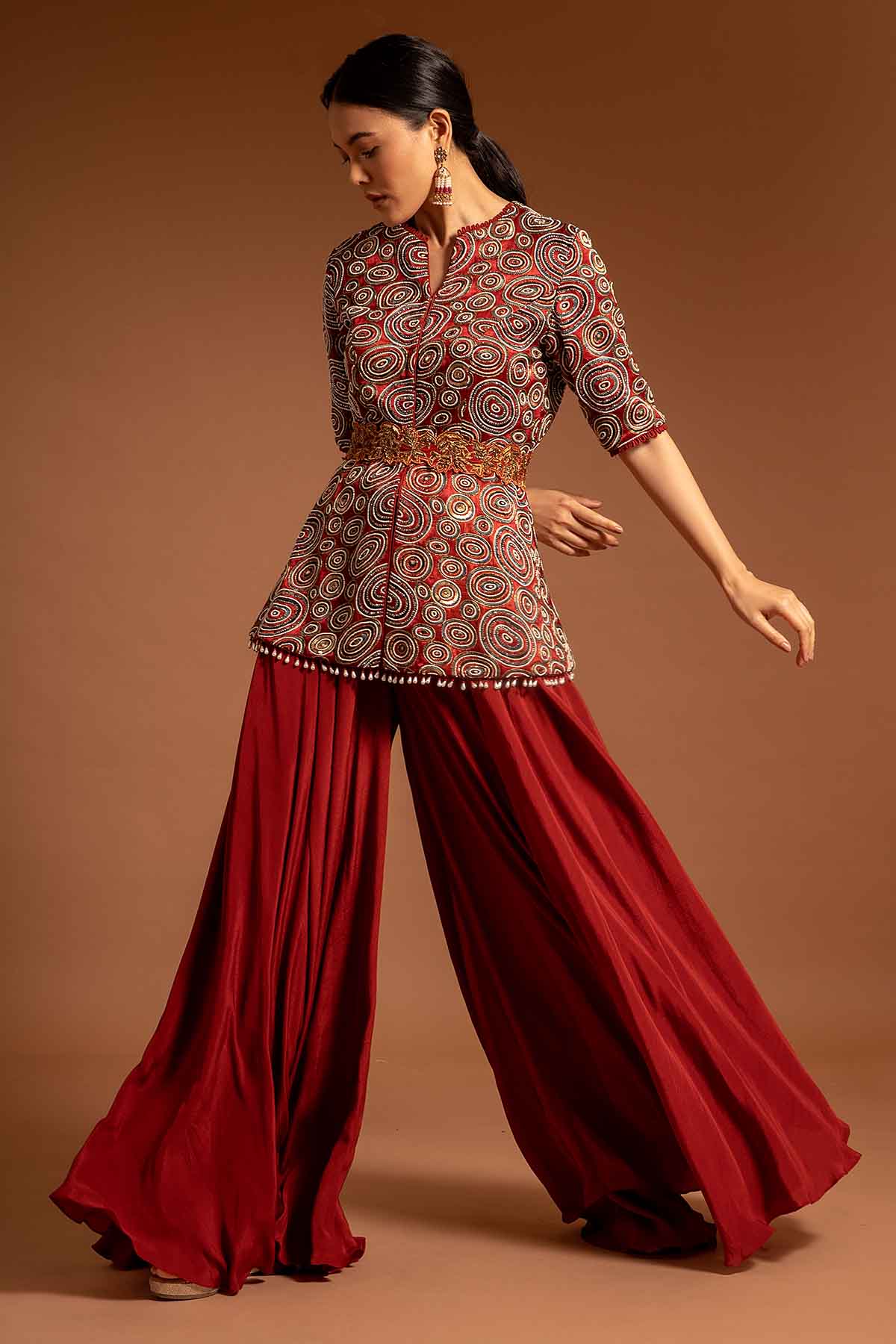 Buy Red Cutdana Embroidered Jumpsuit by Sejal Kamdar at ScrollnShops