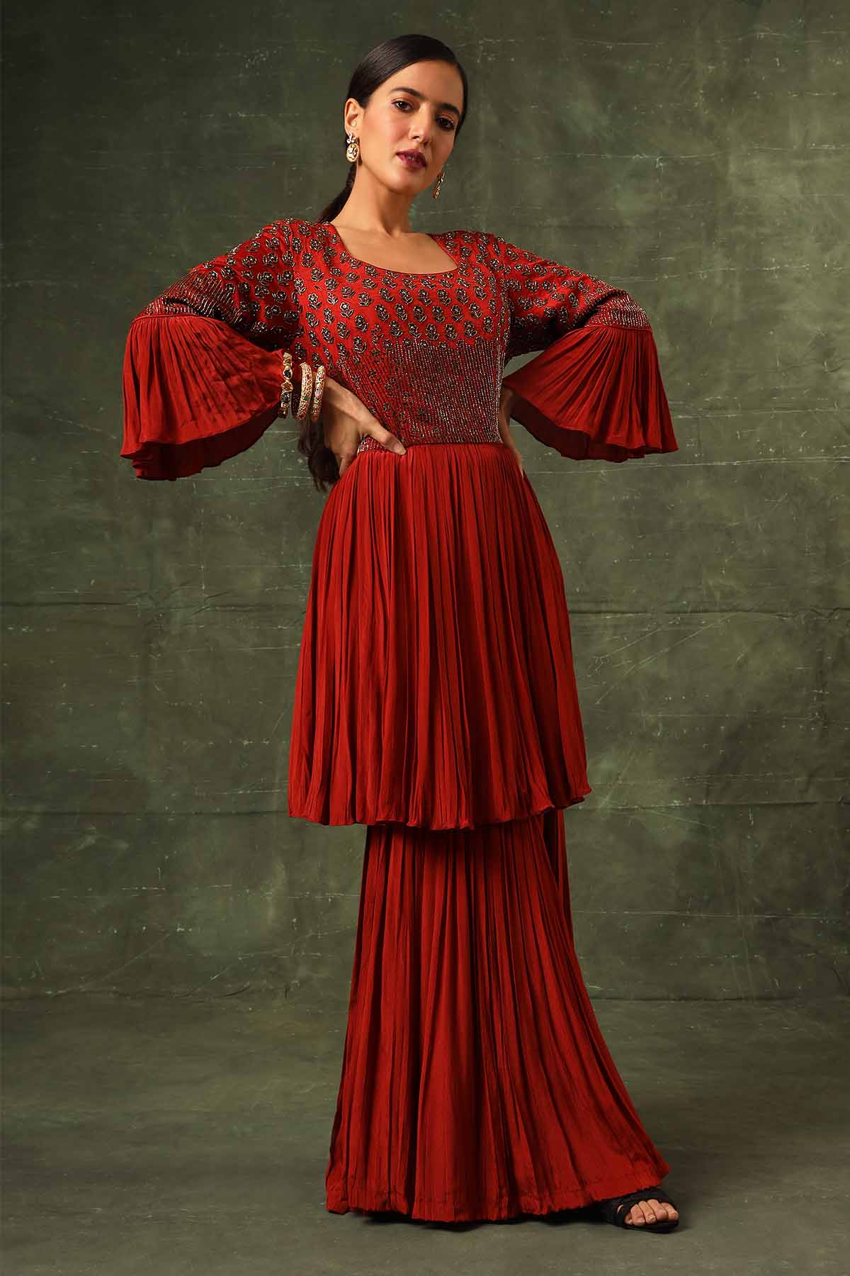 Red Cutdana Work Sharara Set