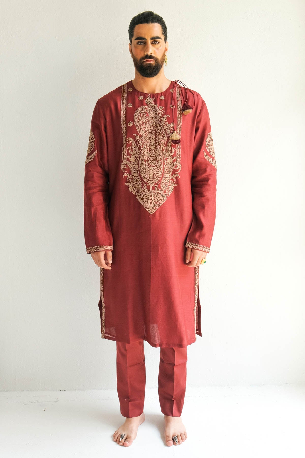 WABI SABI Red Dori Embroidered Kurta Set for men online at ScrollnShops