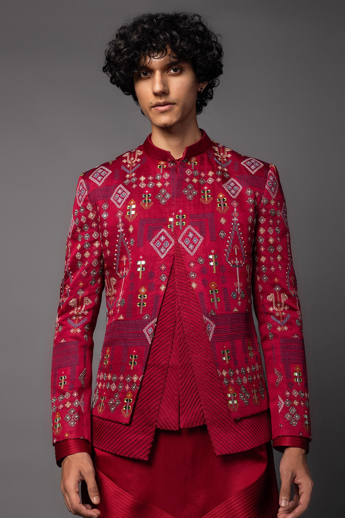 Red Double Panelled Kurta Set