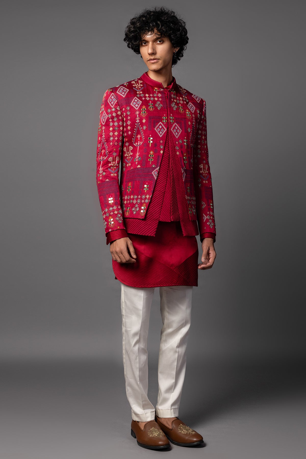 Red Double Panelled Kurta Set